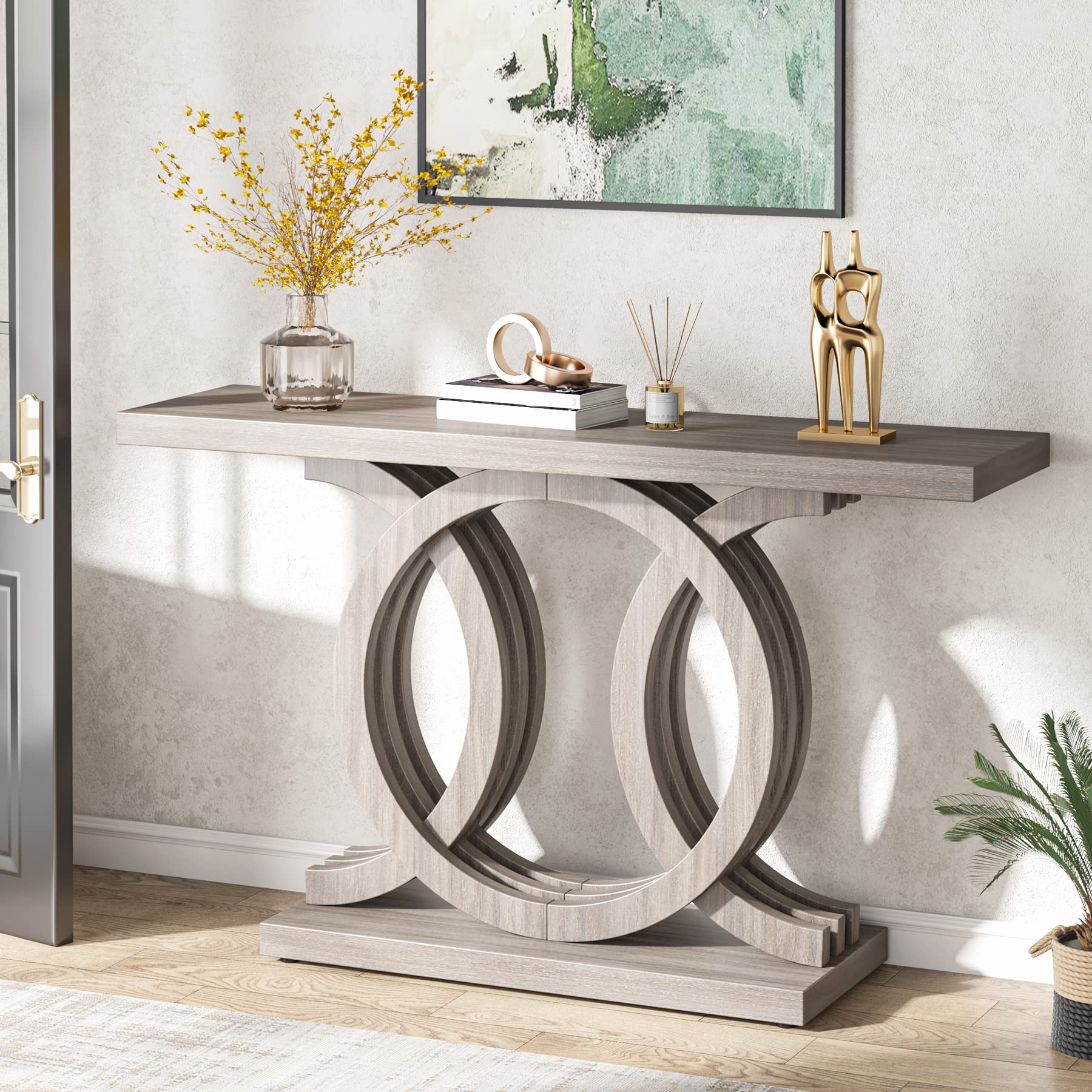 Tribesigns 55 inches Console Table with Geometric Base, Farmhouse Hallway Table, Wooden Entryway Sofa Table, Unique Long Accent Table for Decoration and Organization (Grey) - Image 3
