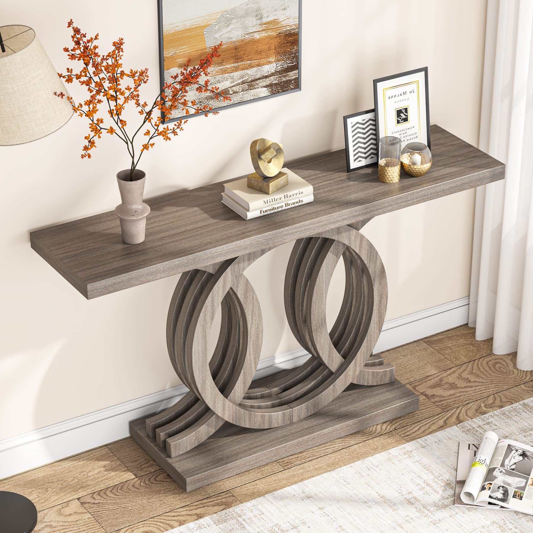 Tribesigns 55 inches Console Table with Geometric Base, Farmhouse Hallway Table, Wooden Entryway Sofa Table, Unique Long Accent Table for Decoration and Organization (Grey) - Image 5