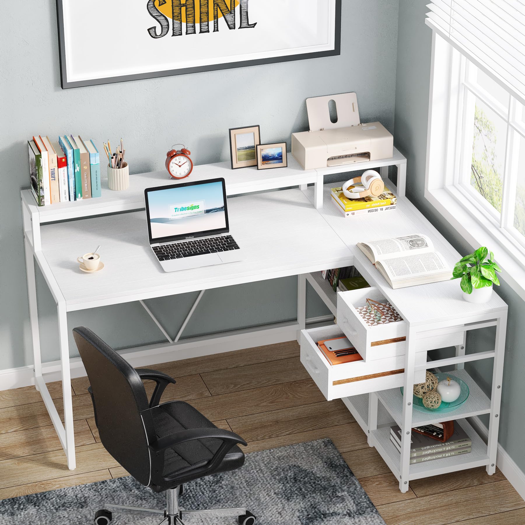 Tribesigns 55-inches Reversible L Shaped Desk with Drawer, Modern White L Corner Desk Home Office Table with Storage Shelves and Monitor Stand, Wooden and Metal PC Desk for Small Space - Image 3