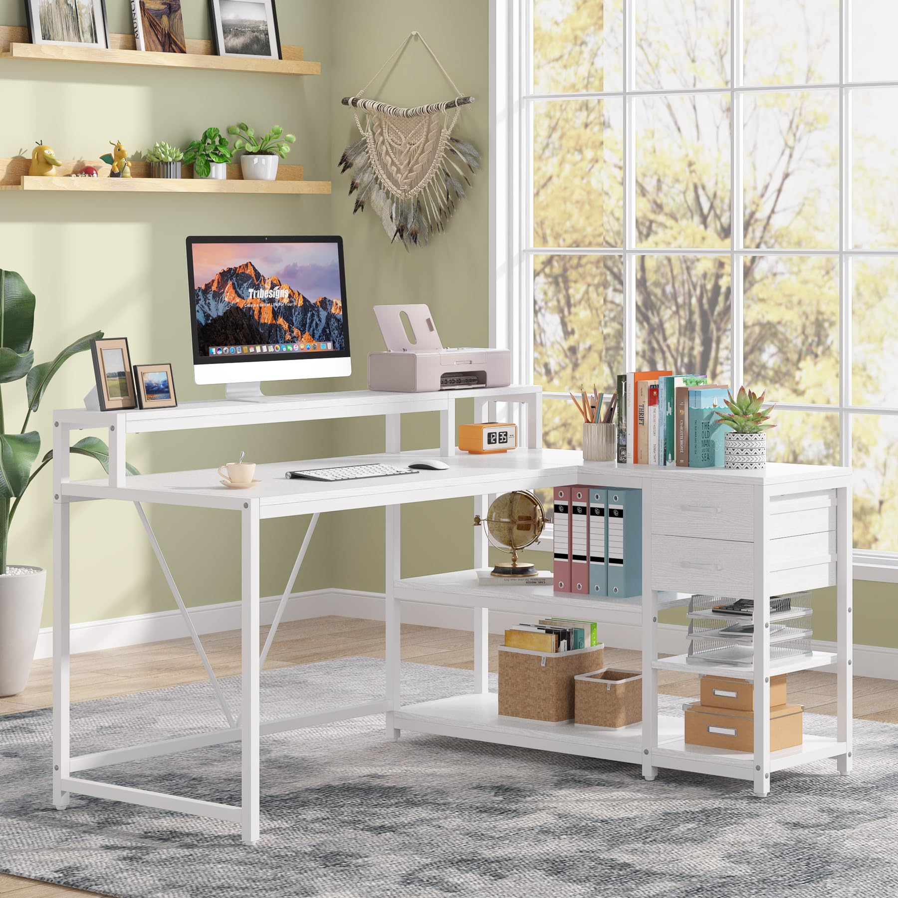 Tribesigns 55-inches Reversible L Shaped Desk with Drawer, Modern White L Corner Desk Home Office Table with Storage Shelves and Monitor Stand, Wooden and Metal PC Desk for Small Space - Image 6