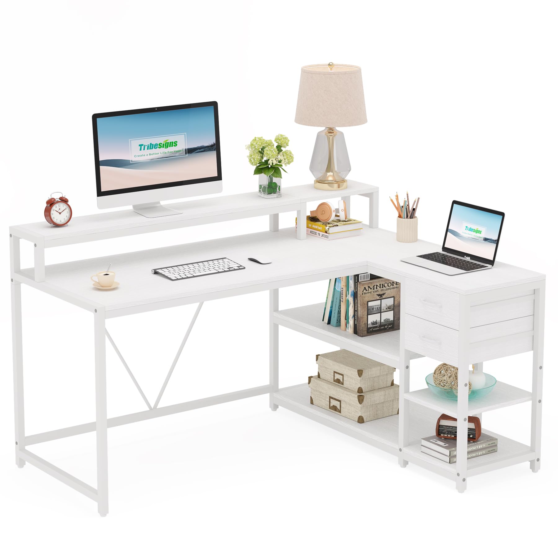 Tribesigns 55-inches Reversible L Shaped Desk with Drawer, Modern White L Corner Desk Home Office Table with Storage Shelves and Monitor Stand, Wooden and Metal PC Desk for Small Space - Image 9