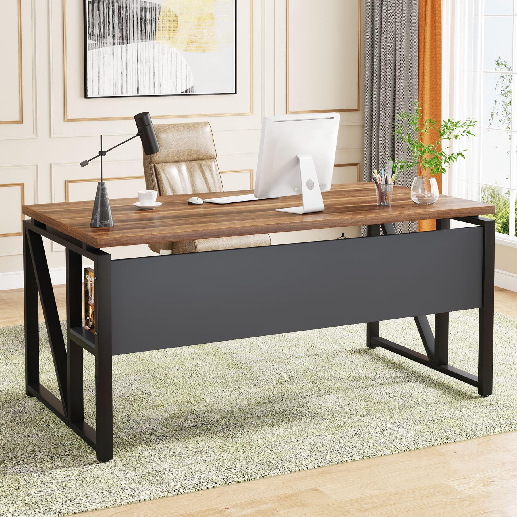 Tribesigns 55 inches Simple Computer Desk,Home Office Desk Writing Table for Workstation,Dark Walnut + Steel Leg， Cabinet not Included (Walnut, 55-inch) - Image 3