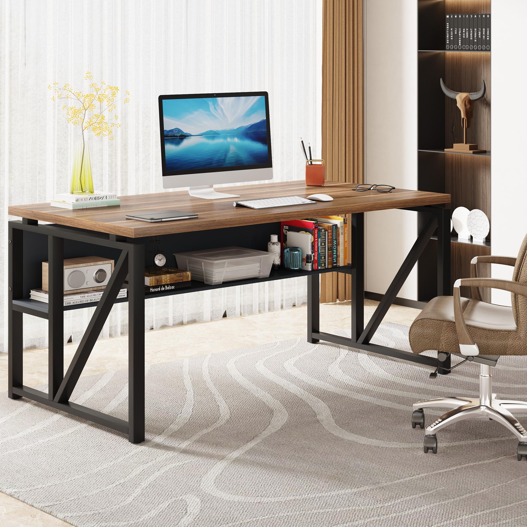 Tribesigns 55 inches Simple Computer Desk,Home Office Desk Writing Table for Workstation,Dark Walnut + Steel Leg， Cabinet not Included (Walnut, 55-inch) - Image 6