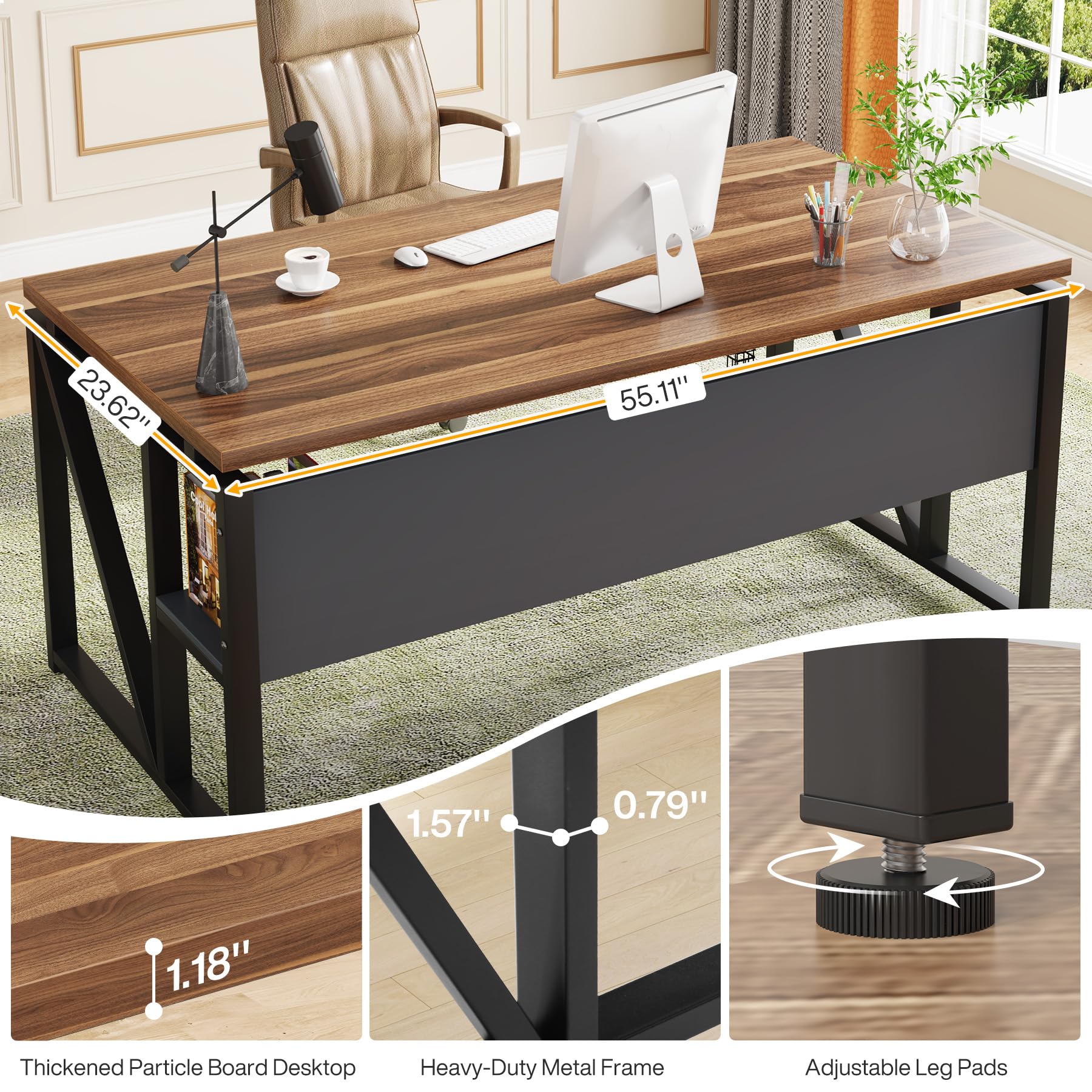 Tribesigns 55 inches Simple Computer Desk,Home Office Desk Writing Table for Workstation,Dark Walnut + Steel Leg， Cabinet not Included (Walnut, 55-inch) - Image 7