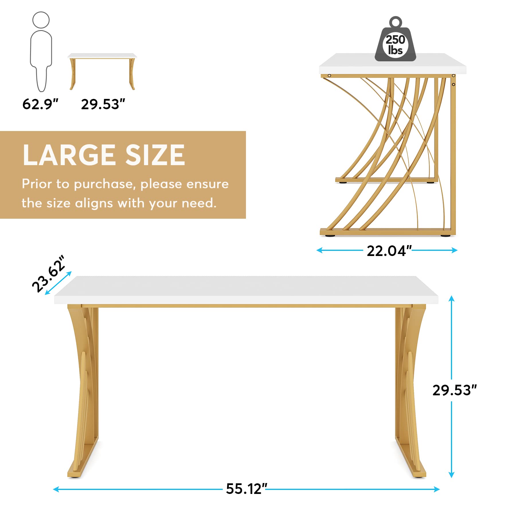 Tribesigns 55" Large Modern Computer Desk, White & Gold Luxury Laptop PC Student Table, Makeup Vanity Table with Thick Frame & Strong Legs, Sturdy Writing Workstation for Home & Office - Image 3