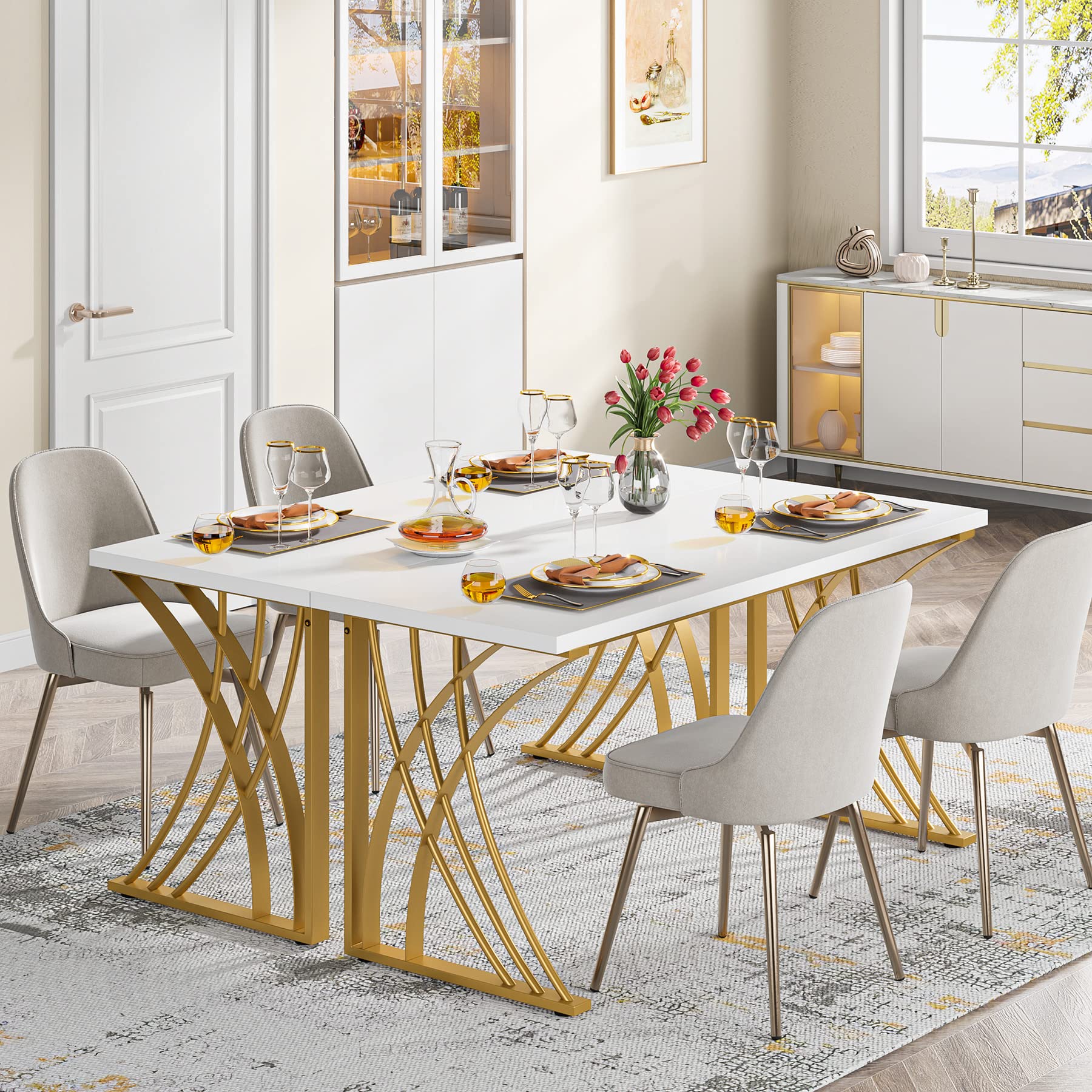 Tribesigns 55" Large Modern Computer Desk, White & Gold Luxury Laptop PC Student Table, Makeup Vanity Table with Thick Frame & Strong Legs, Sturdy Writing Workstation for Home & Office - Image 4