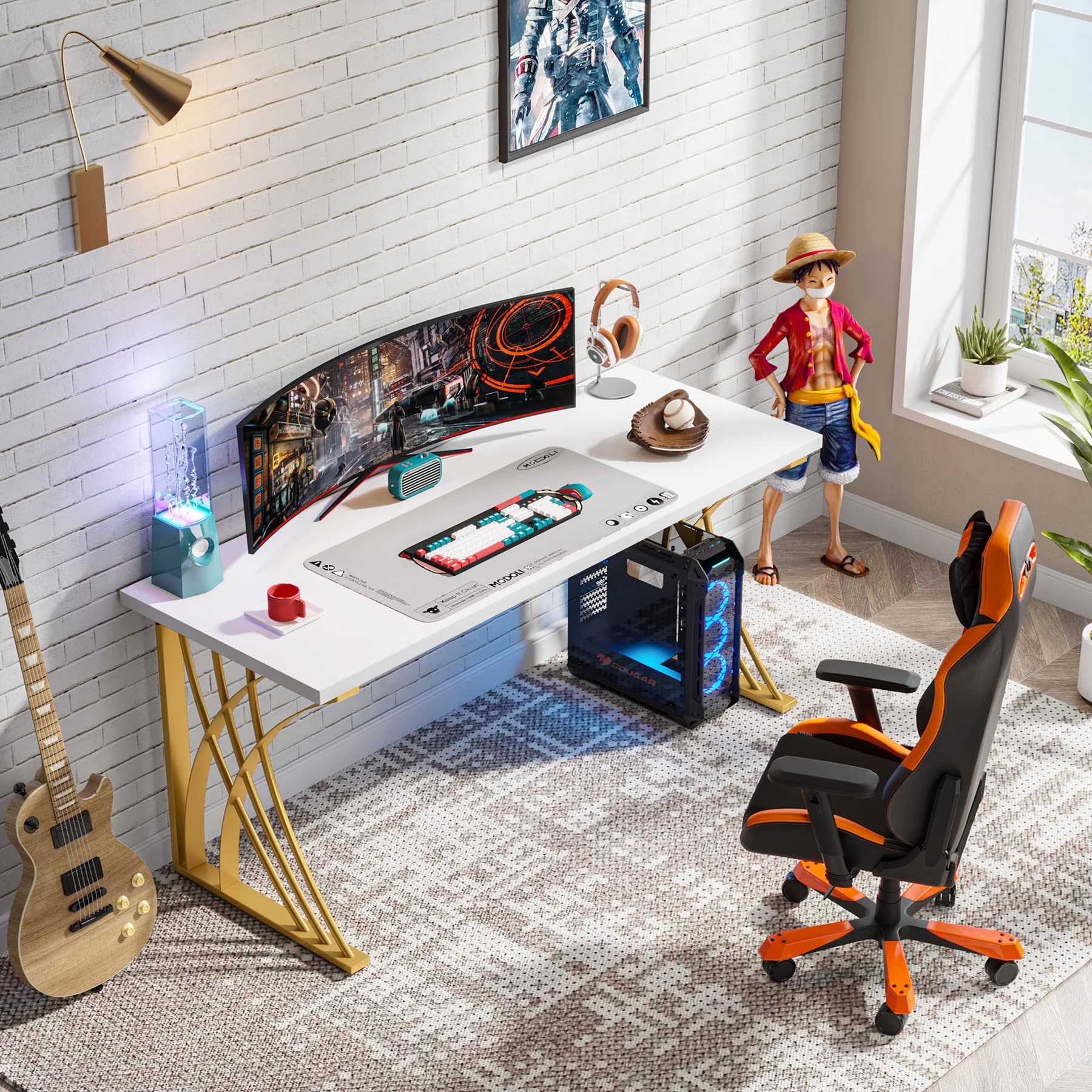 Tribesigns 55" Large Modern Computer Desk, White & Gold Luxury Laptop PC Student Table, Makeup Vanity Table with Thick Frame & Strong Legs, Sturdy Writing Workstation for Home & Office - Image 6