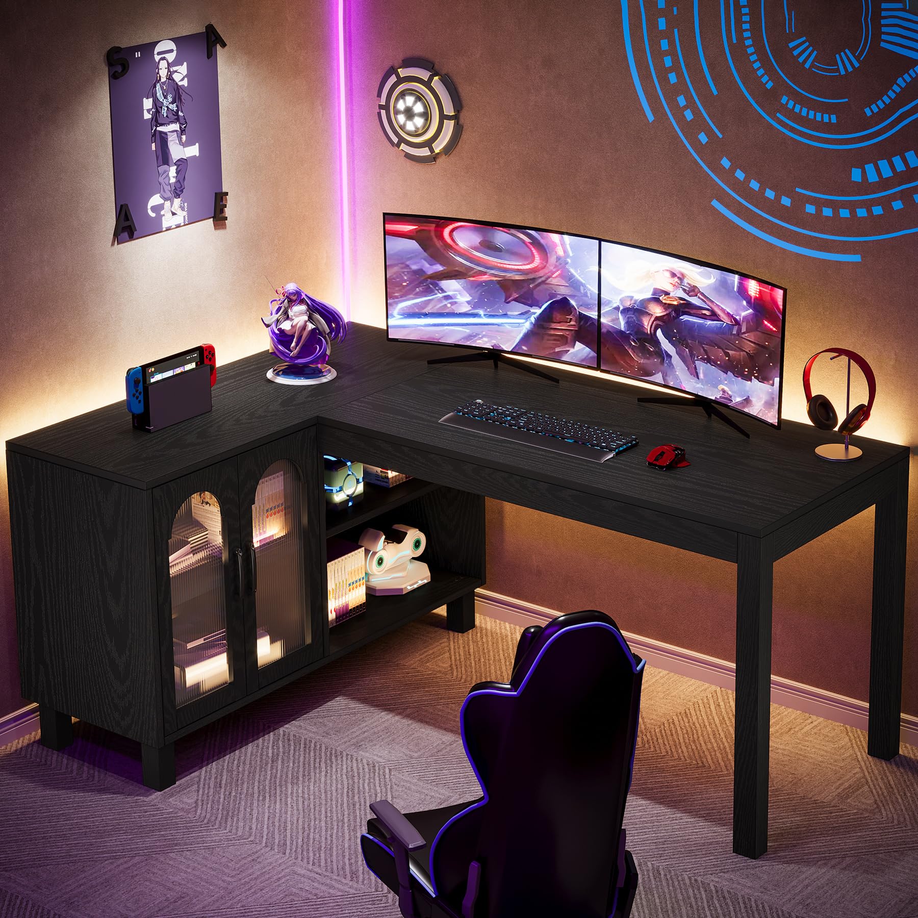 Tribesigns 59" L Shaped Desk with File Cabinet, Executive Office Desk with Storage Shelves, Modern Wood Computer Desk, Coner Writting Desk for Home Office, Work, Study (Black) - Image 4