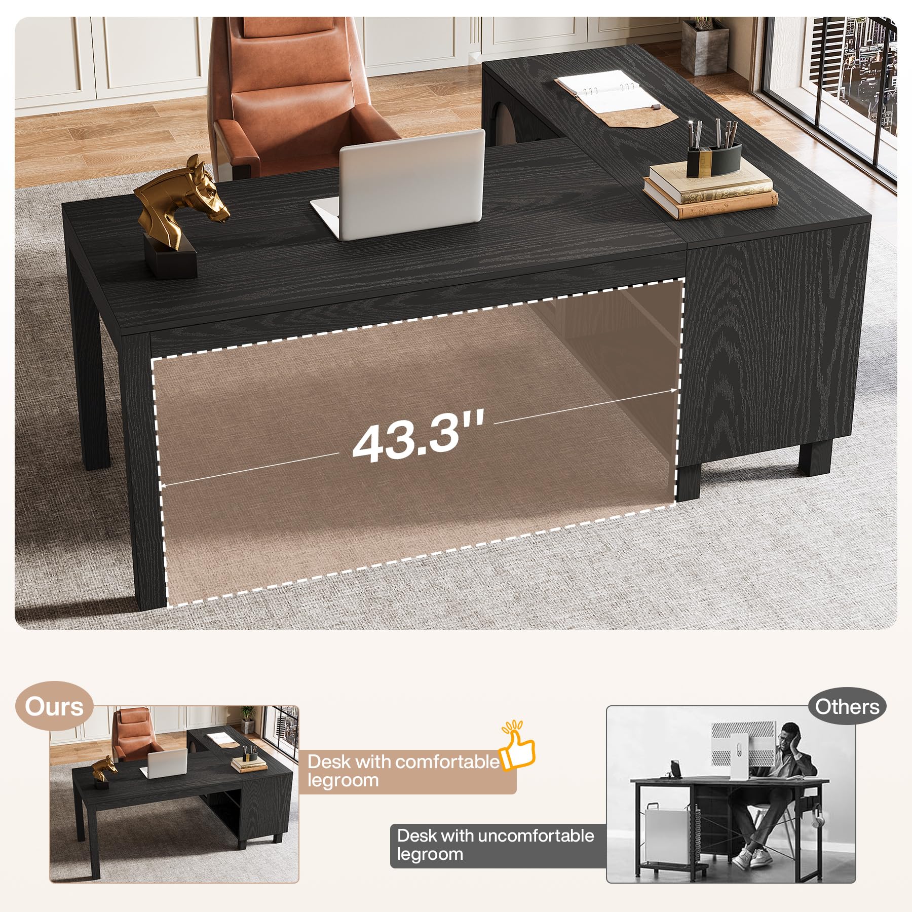 Tribesigns 59" L Shaped Desk with File Cabinet, Executive Office Desk with Storage Shelves, Modern Wood Computer Desk, Coner Writting Desk for Home Office, Work, Study (Black) - Image 5