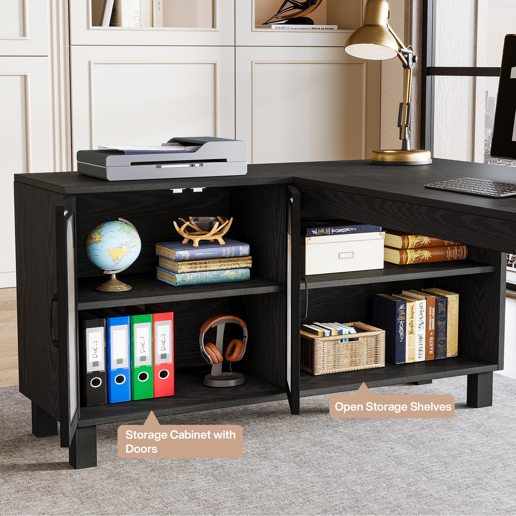 Tribesigns 59" L Shaped Desk with File Cabinet, Executive Office Desk with Storage Shelves, Modern Wood Computer Desk, Coner Writting Desk for Home Office, Work, Study (Black) - Image 6