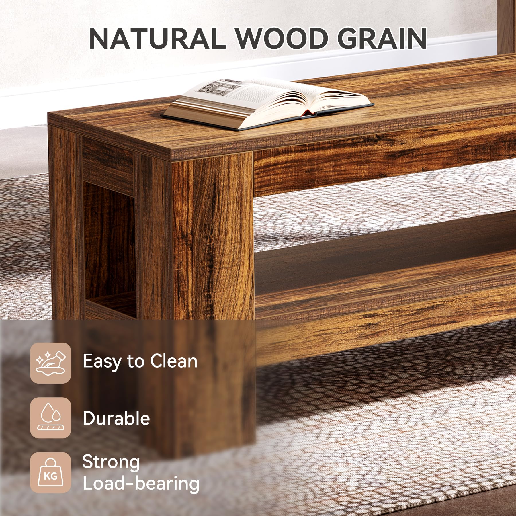 Tribesigns 59" Wooden Dining Bench with Storage Shelf, Farmhouse Indoor Entryway Bench for Dining Room, Bedroom, Kitchen, End of Bed (Rustic Brown) - Image 7