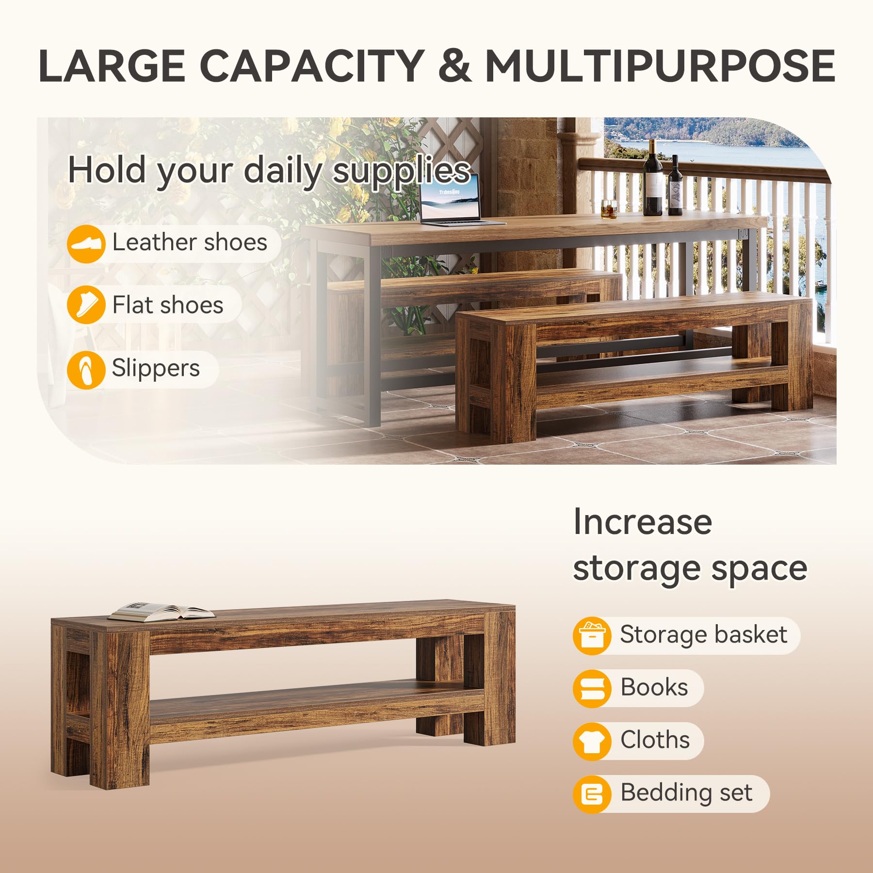 Tribesigns 59" Wooden Dining Bench with Storage Shelf, Farmhouse Indoor Entryway Bench for Dining Room, Bedroom, Kitchen, End of Bed (Rustic Brown) - Image 8
