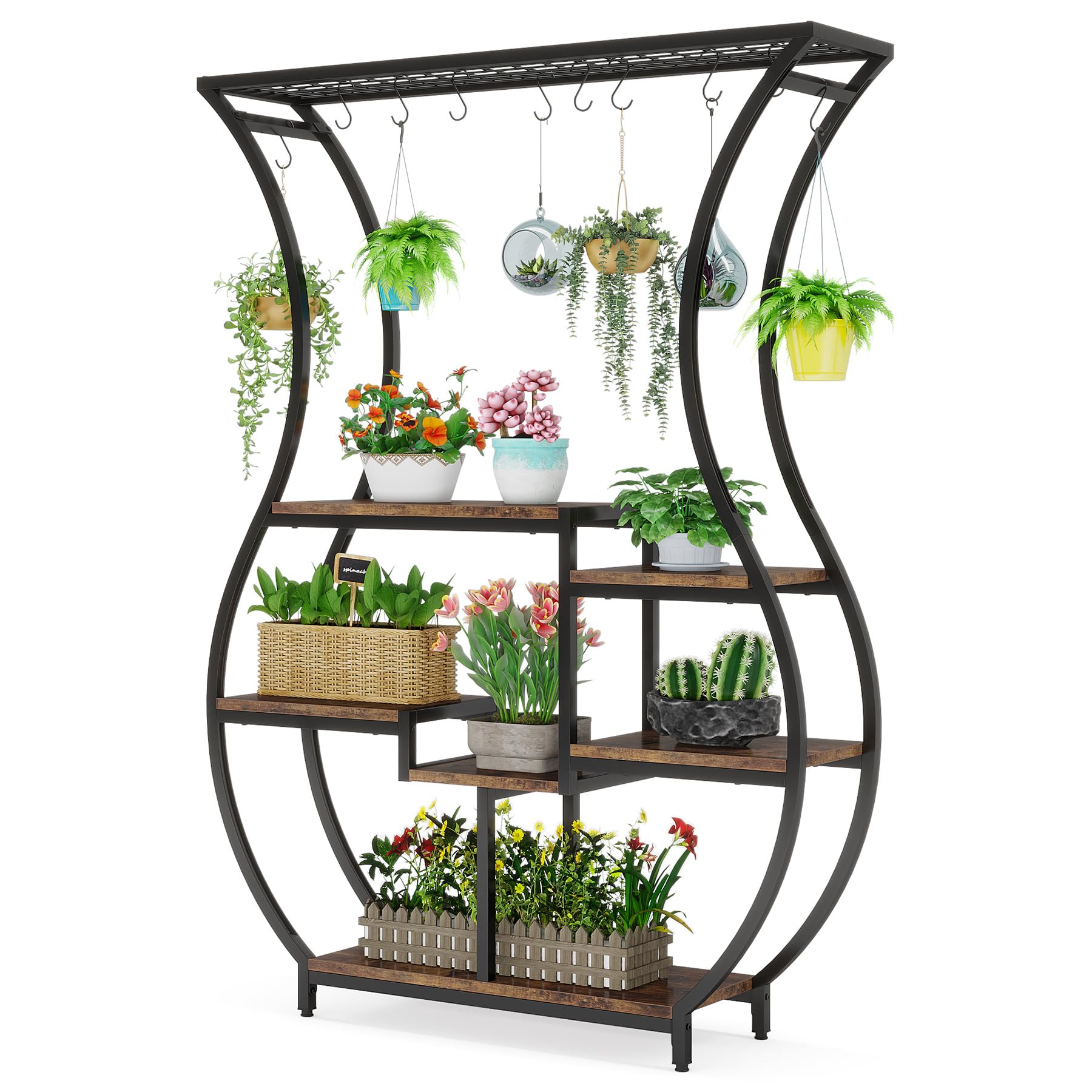 Tribesigns 6-Tier Plant Stand, 70.9 Inch Tall Plant Shelf with 10 Hanging Hooks, Vase Shape Ladder Plant Stand, Multi-Purpose Plant Display Rack for Indoor, Balcony, Living Room, Brown and Black - Image 7