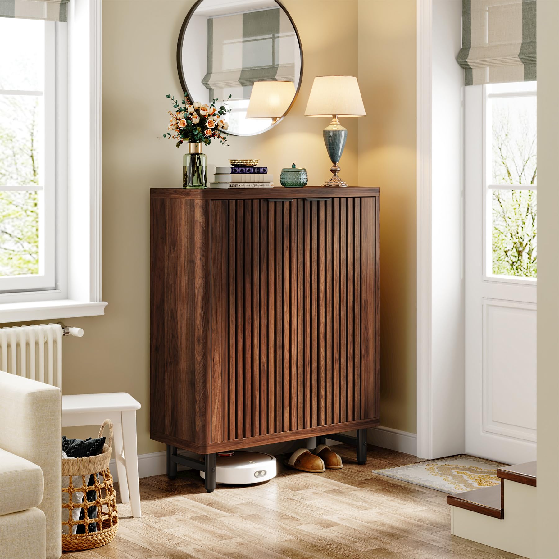 Tribesigns 6-Tier Shoe Cabinet with Shutter Doors, Large Wooden Shoe Organizer Rack with Adjustable Shelves, Modern Farmhouse Hidden Storage Furniture for Entryway, Hallway (Walnut) - Image 4