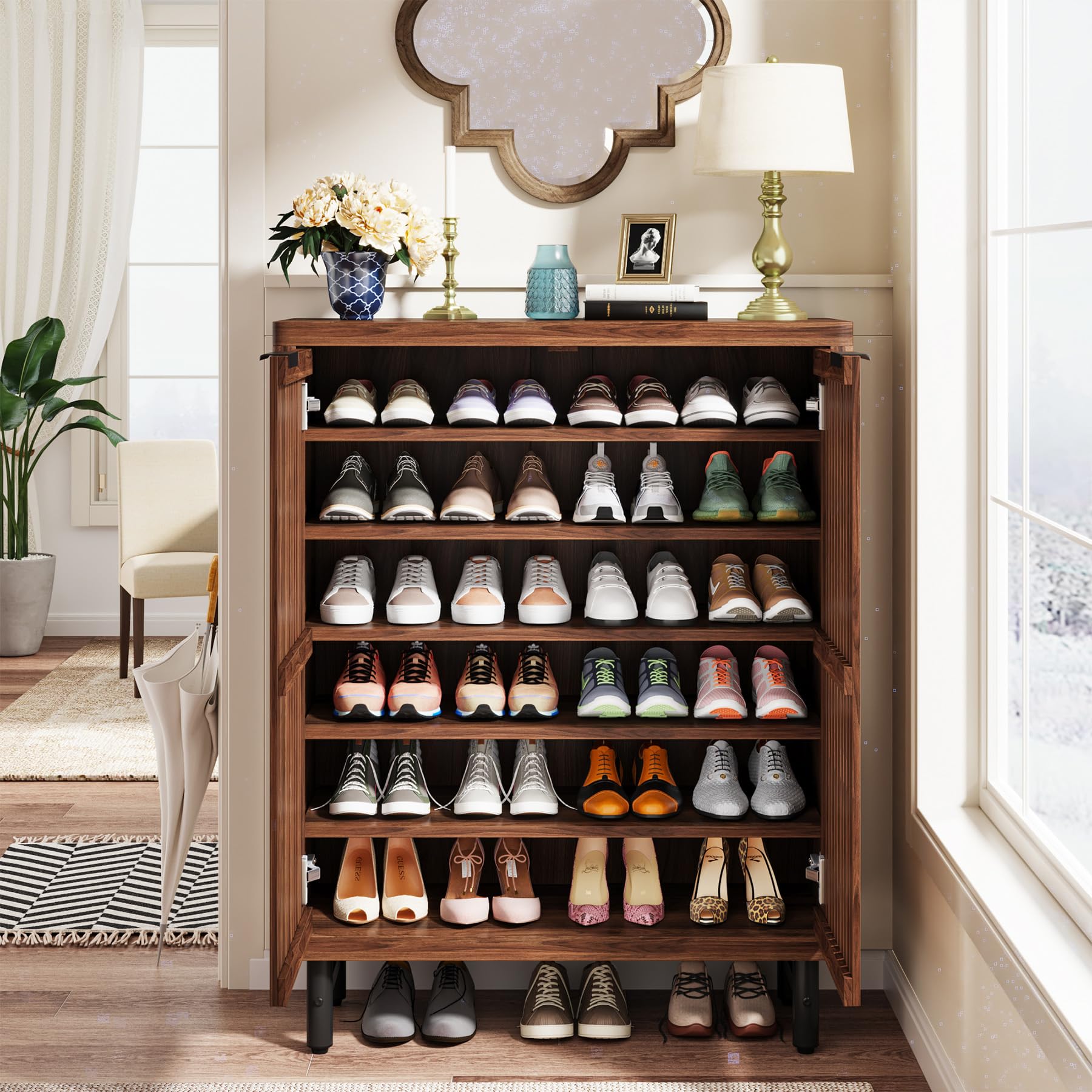 Tribesigns 6-Tier Shoe Cabinet with Shutter Doors, Large Wooden Shoe Organizer Rack with Adjustable Shelves, Modern Farmhouse Hidden Storage Furniture for Entryway, Hallway (Walnut) - Image 5