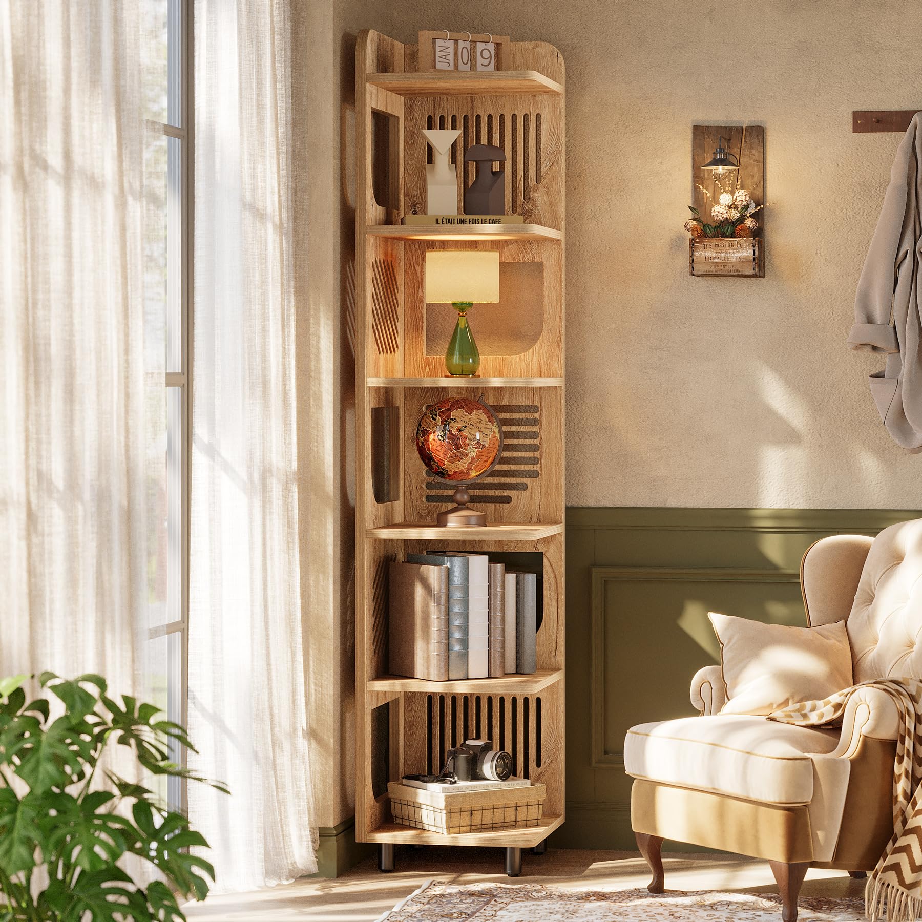 Tribesigns 6 Tiers Corner Shelf, Tall Skinny Corner Bookshelf Bookcase with Hollow Design, Farmhouse Narrow Display Shelf for Living Room, Bedroom, Small Space, Natural - Image 3