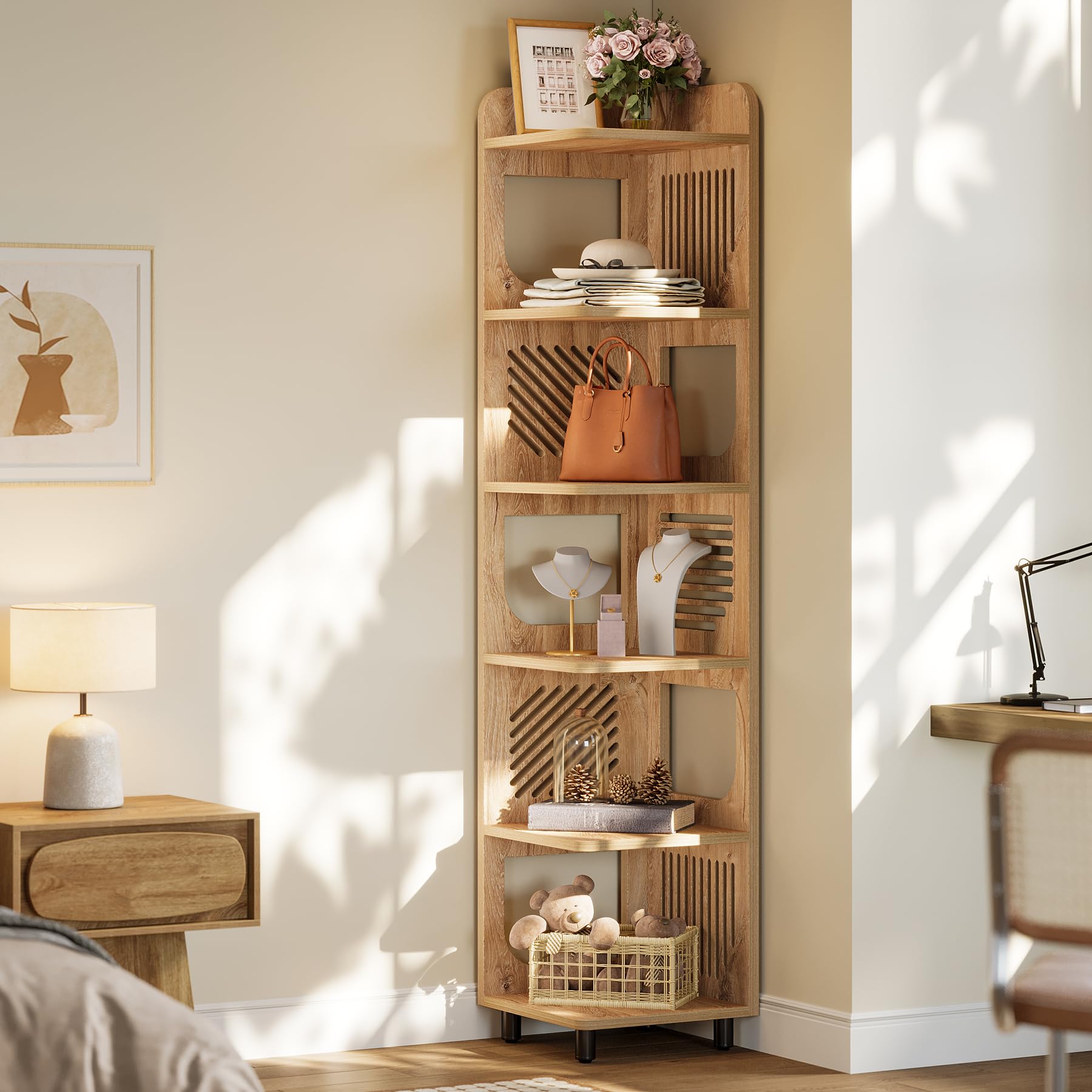 Tribesigns 6 Tiers Corner Shelf, Tall Skinny Corner Bookshelf Bookcase with Hollow Design, Farmhouse Narrow Display Shelf for Living Room, Bedroom, Small Space, Natural - Image 4