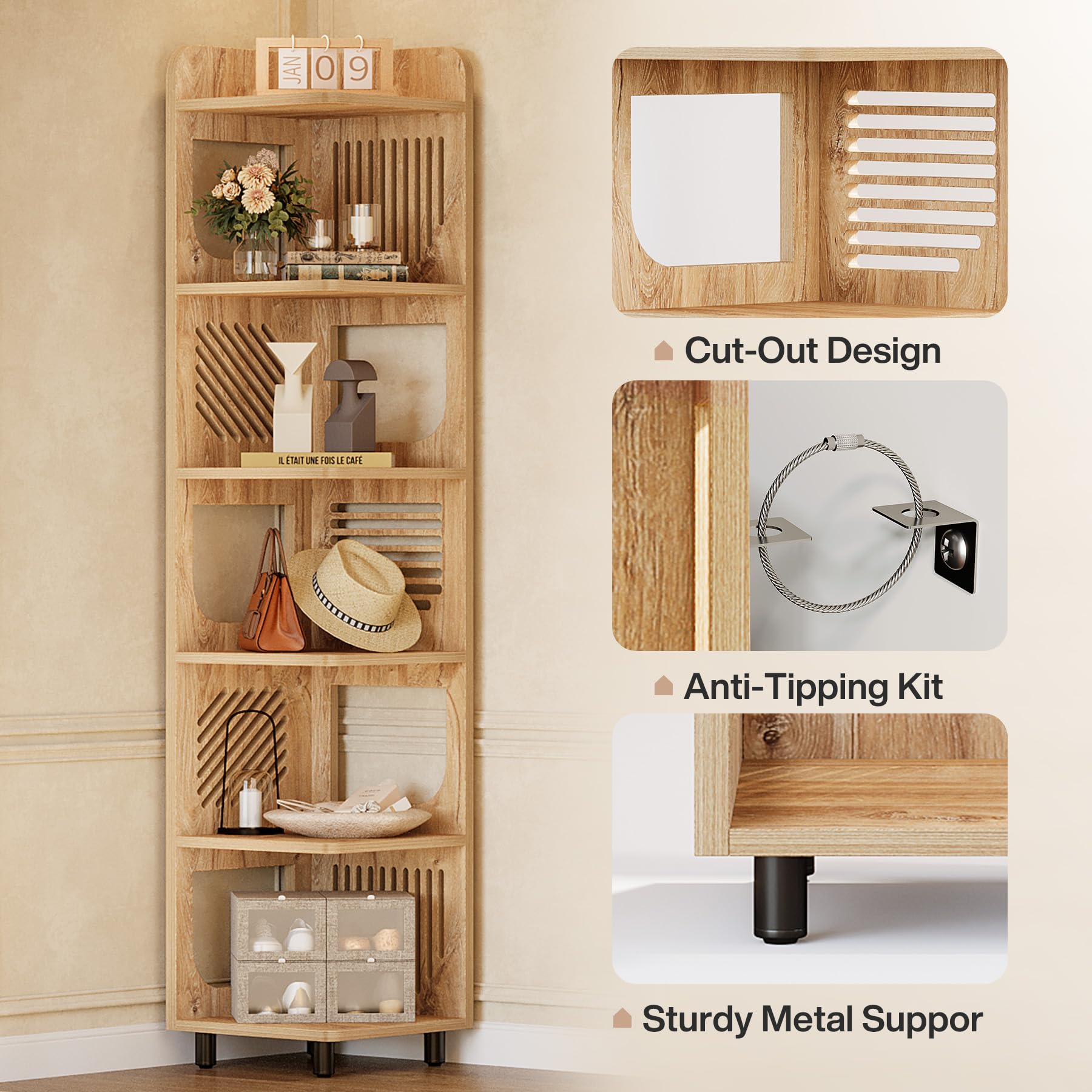 Tribesigns 6 Tiers Corner Shelf, Tall Skinny Corner Bookshelf Bookcase with Hollow Design, Farmhouse Narrow Display Shelf for Living Room, Bedroom, Small Space, Natural - Image 8