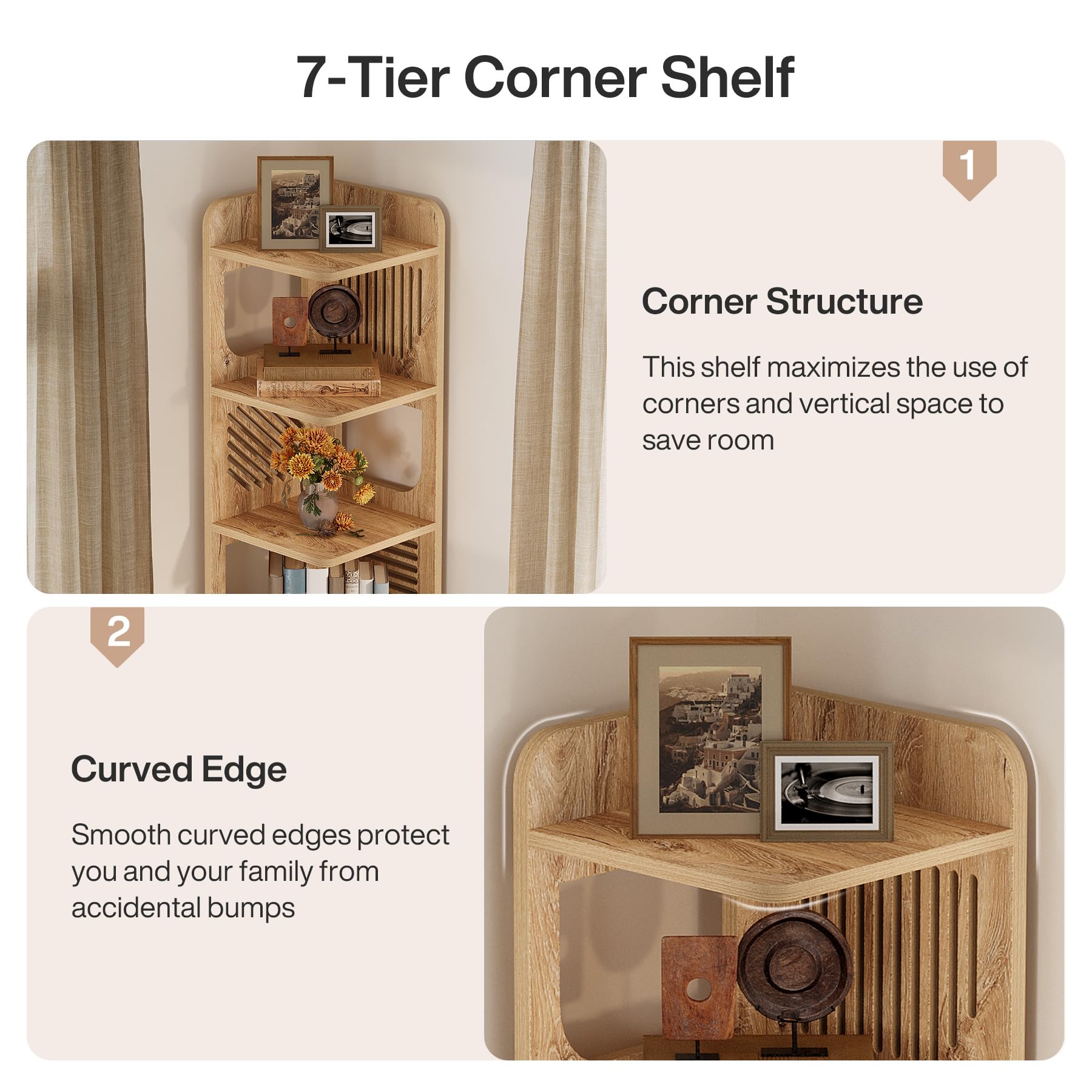 Tribesigns 6 Tiers Corner Shelf, Tall Skinny Corner Bookshelf Bookcase with Hollow Design, Farmhouse Narrow Display Shelf for Living Room, Bedroom, Small Space, Natural - Image 9