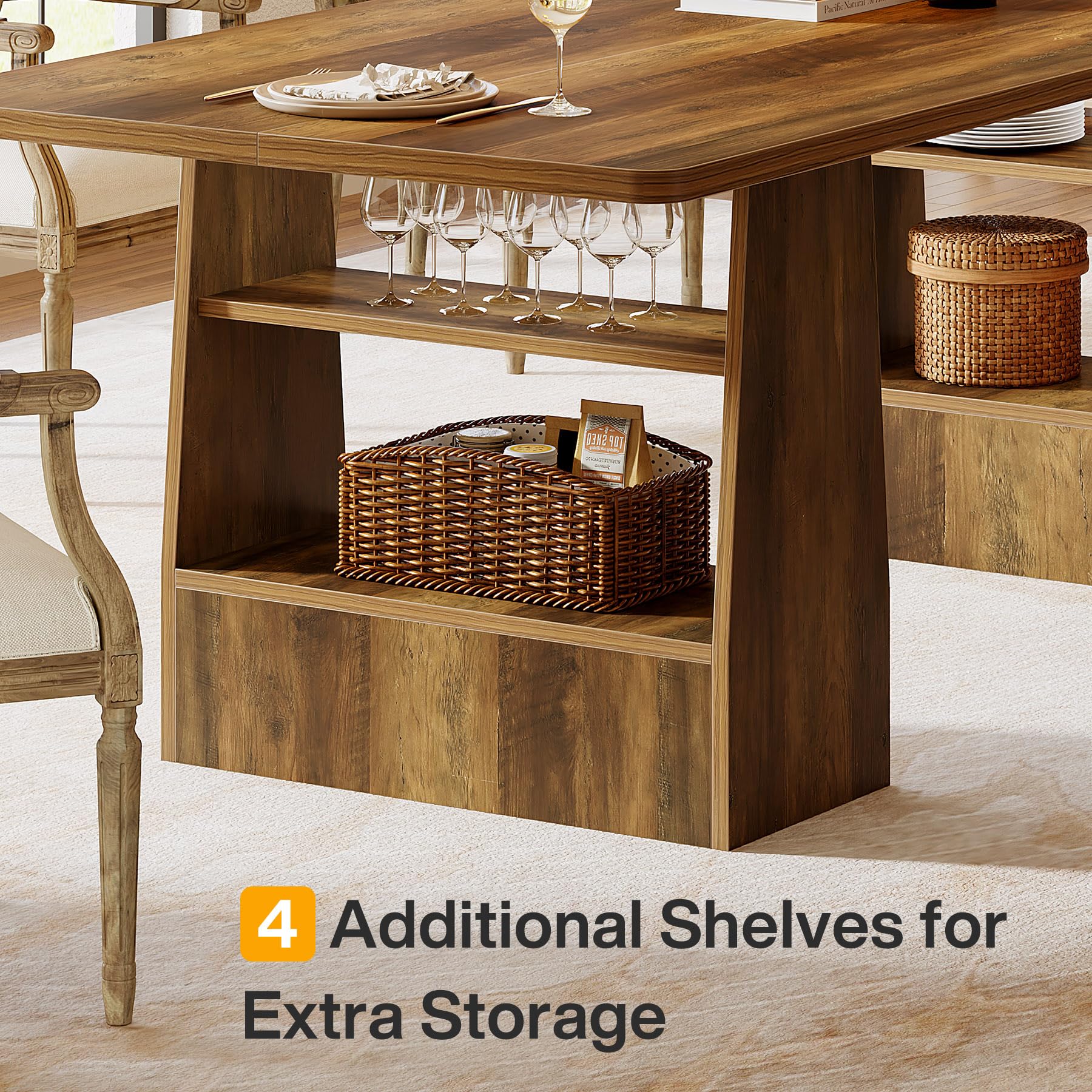 Tribesigns 63-Inch Dining Table for 6-8, 4 Shelves Kitchen Table, Large Modern Rectangle Dining Room Furniture, for Living Room - Image 4