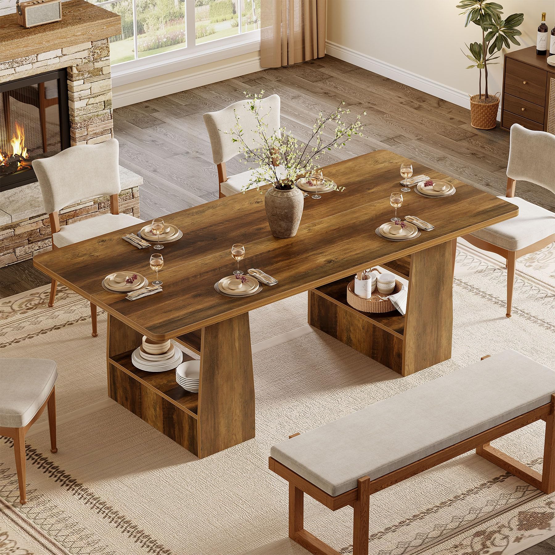 Tribesigns 63-Inch Dining Table for 6-8, 4 Shelves Kitchen Table, Large Modern Rectangle Dining Room Furniture, for Living Room - Image 5