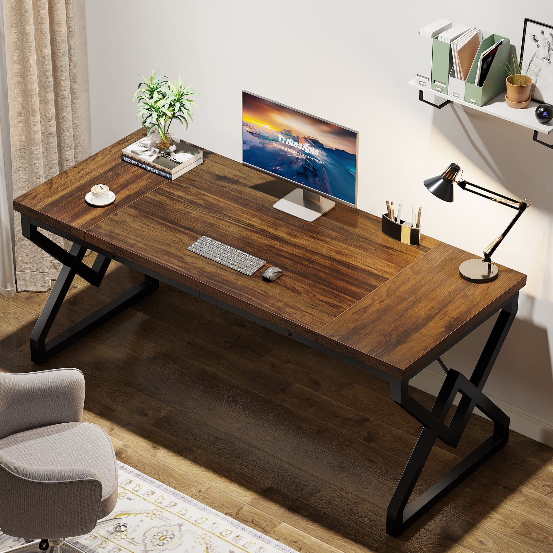 Tribesigns 63-inch Executive Desk, Large Office Computer Desk with Extra Thick Wooden Tabletop and Metal Frame, Modern Simple Workstation Writing Table Study Desk for Home Office, Vintage Brown - Image 5