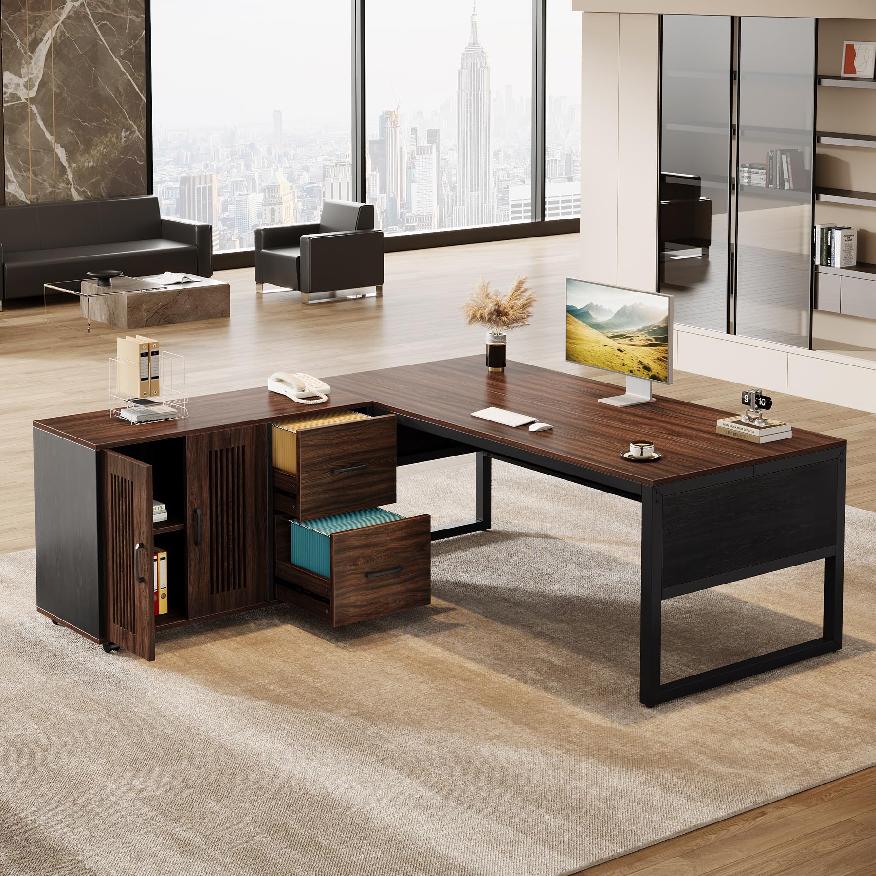 Tribesigns 63-Inch L-Shaped Executive Desk, Modern Office Desk with Mobile File Cabinet, Large Executive Desks with Drawer, Business Furniture for Home Office, Dark Walnut & Black - Image 4