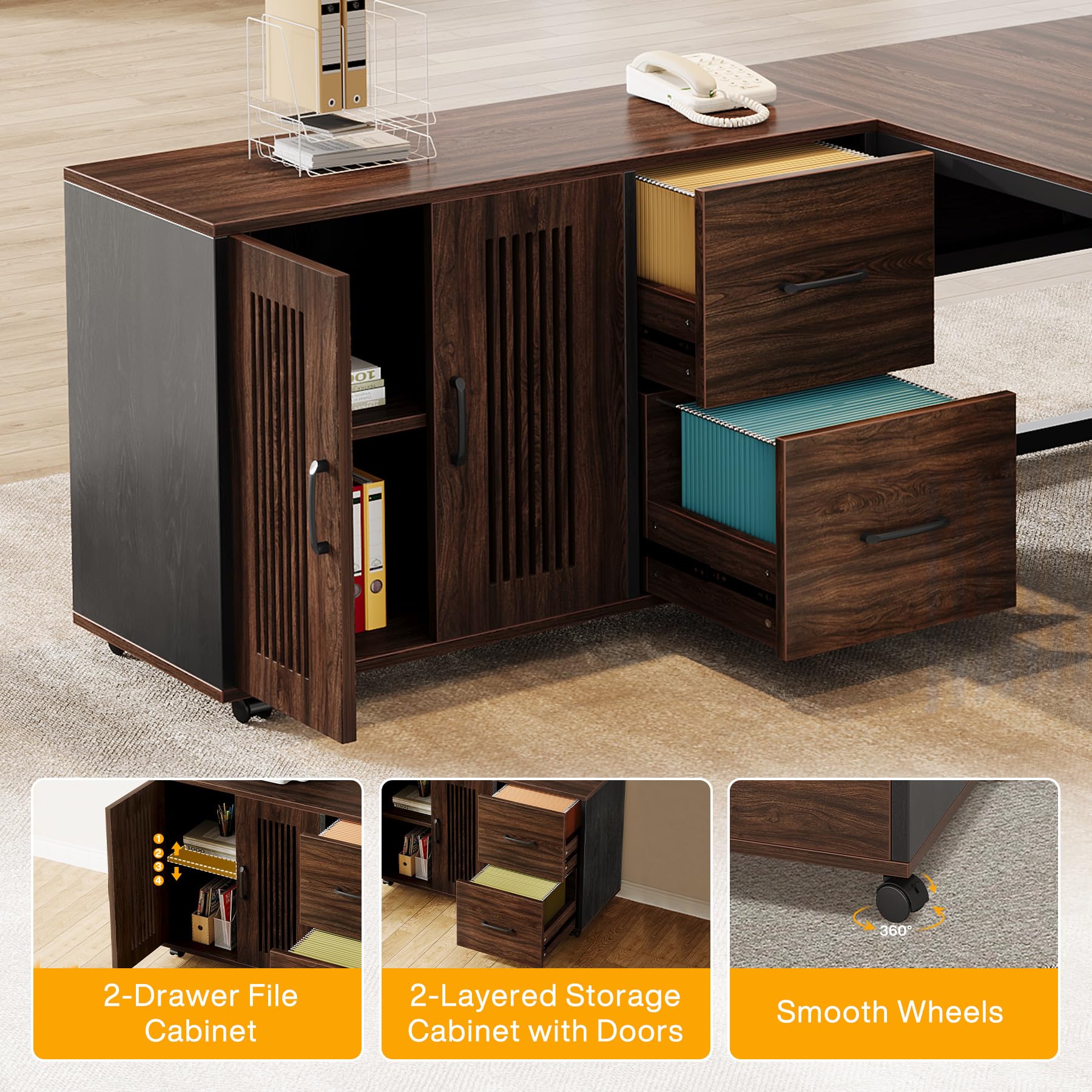 Tribesigns 63-Inch L-Shaped Executive Desk, Modern Office Desk with Mobile File Cabinet, Large Executive Desks with Drawer, Business Furniture for Home Office, Dark Walnut & Black - Image 7