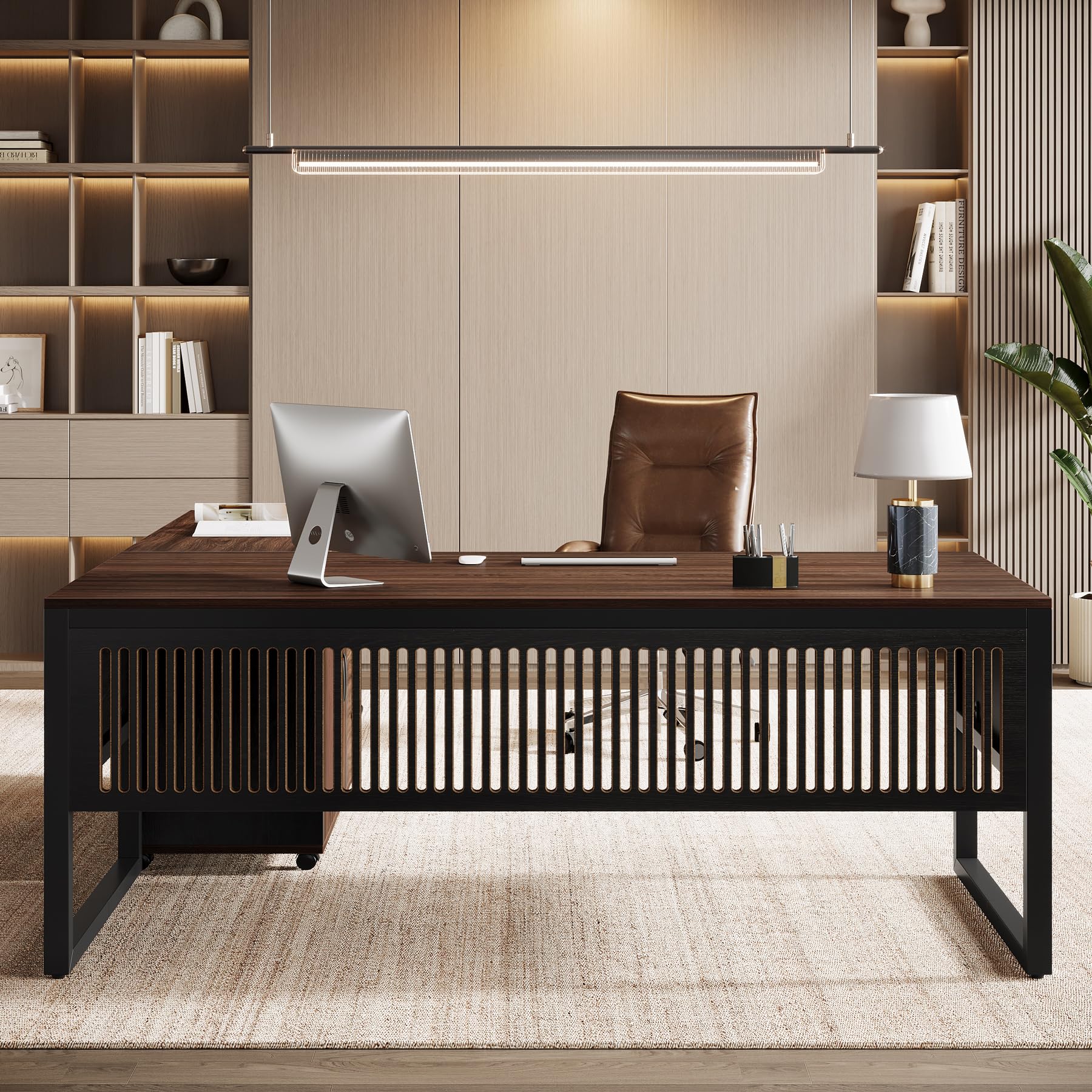 Tribesigns 63-Inch L-Shaped Executive Desk, Modern Office Desk with Mobile File Cabinet, Large Executive Desks with Drawer, Business Furniture for Home Office, Dark Walnut & Black - Image 3