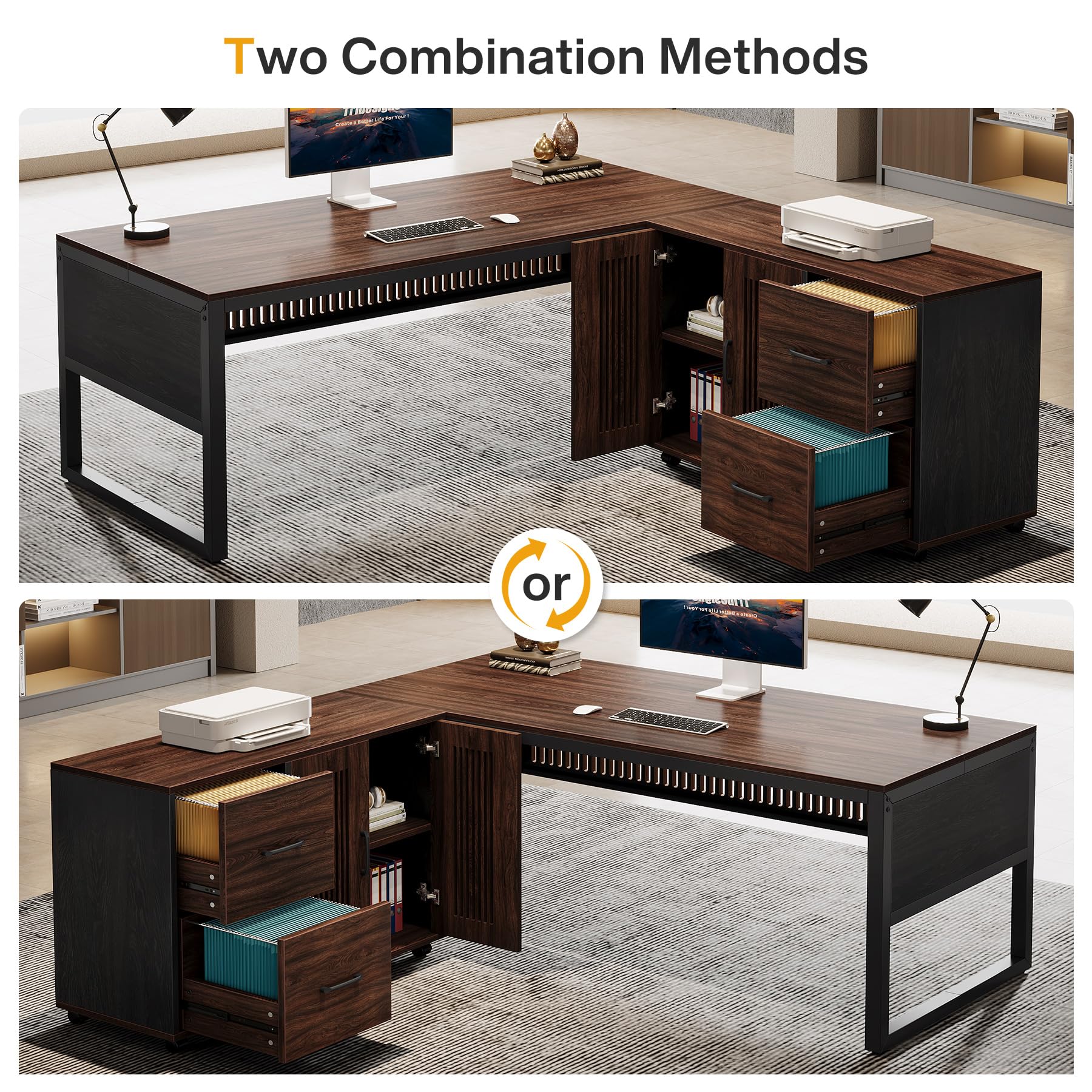 Tribesigns 63-Inch L-Shaped Executive Desk, Modern Office Desk with Mobile File Cabinet, Large Executive Desks with Drawer, Business Furniture for Home Office, Dark Walnut & Black - Image 6
