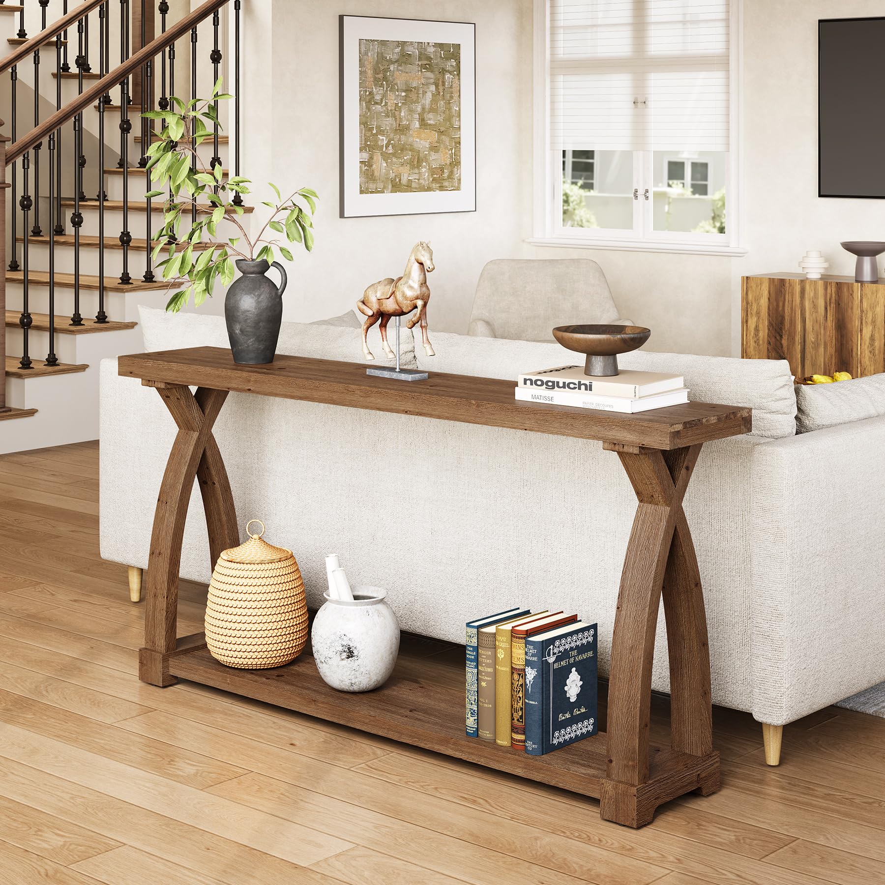 TRIBEWOOD Solid Wood Console Table for Entryway, 63-Inch Narrow Farmhouse Couch Table Behind Sofa with 2-Tier Storage for Entrance, Foyer, Living Room, Long, Dark Brown - Image 5
