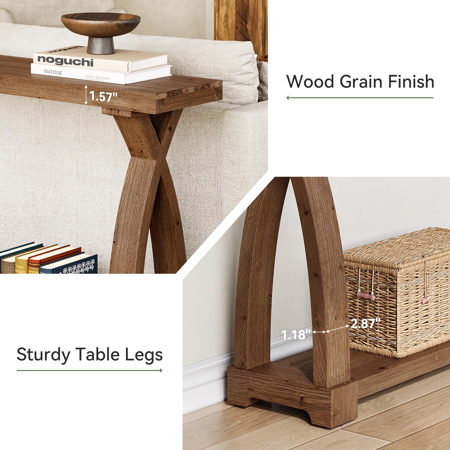 TRIBEWOOD Solid Wood Console Table for Entryway, 63-Inch Narrow Farmhouse Couch Table Behind Sofa with 2-Tier Storage for Entrance, Foyer, Living Room, Long, Dark Brown - Image 7