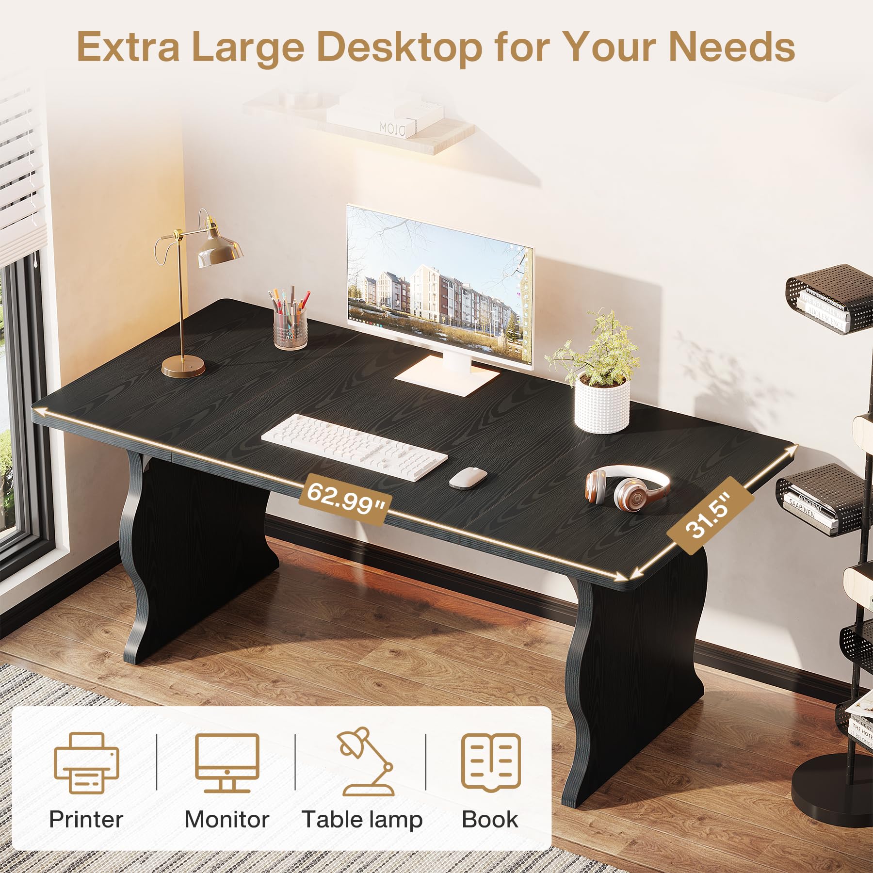 Tribesigns 63" Large Desk for Home Office, Spacious Executive Computer Desk with Ample Leg Room, Double PC Gaming Writing Table Study Desk with Sturdy Legs, Black - Image 7