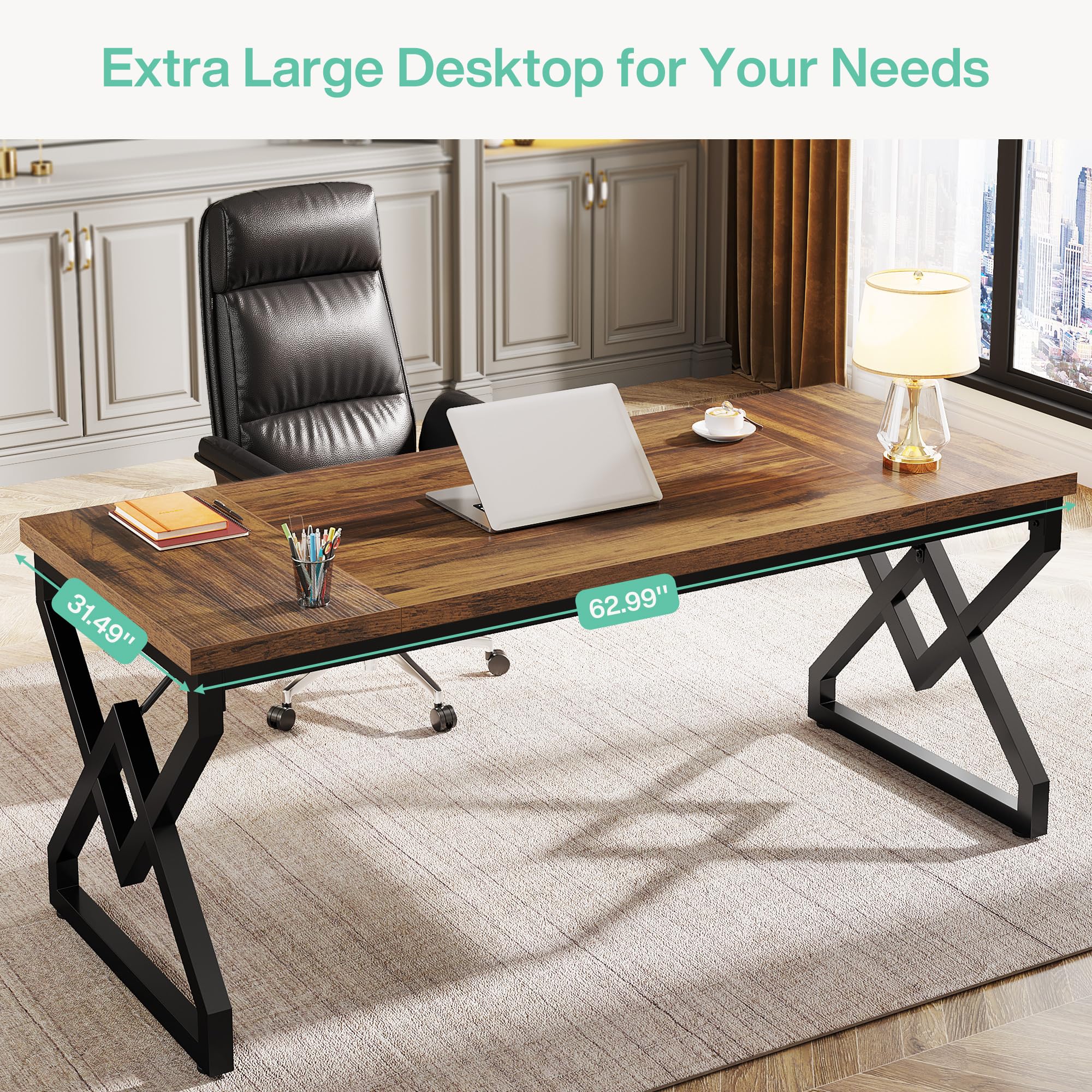 Tribesigns 63" Large Industrial Executive Desk with Extra Thickened Tabletop & Metal Frame, Heavy-Duty 300 lb Capacity Home Office Desk for Study Room, Dorm, Bedroom – Vintage Brown & Black - Image 6