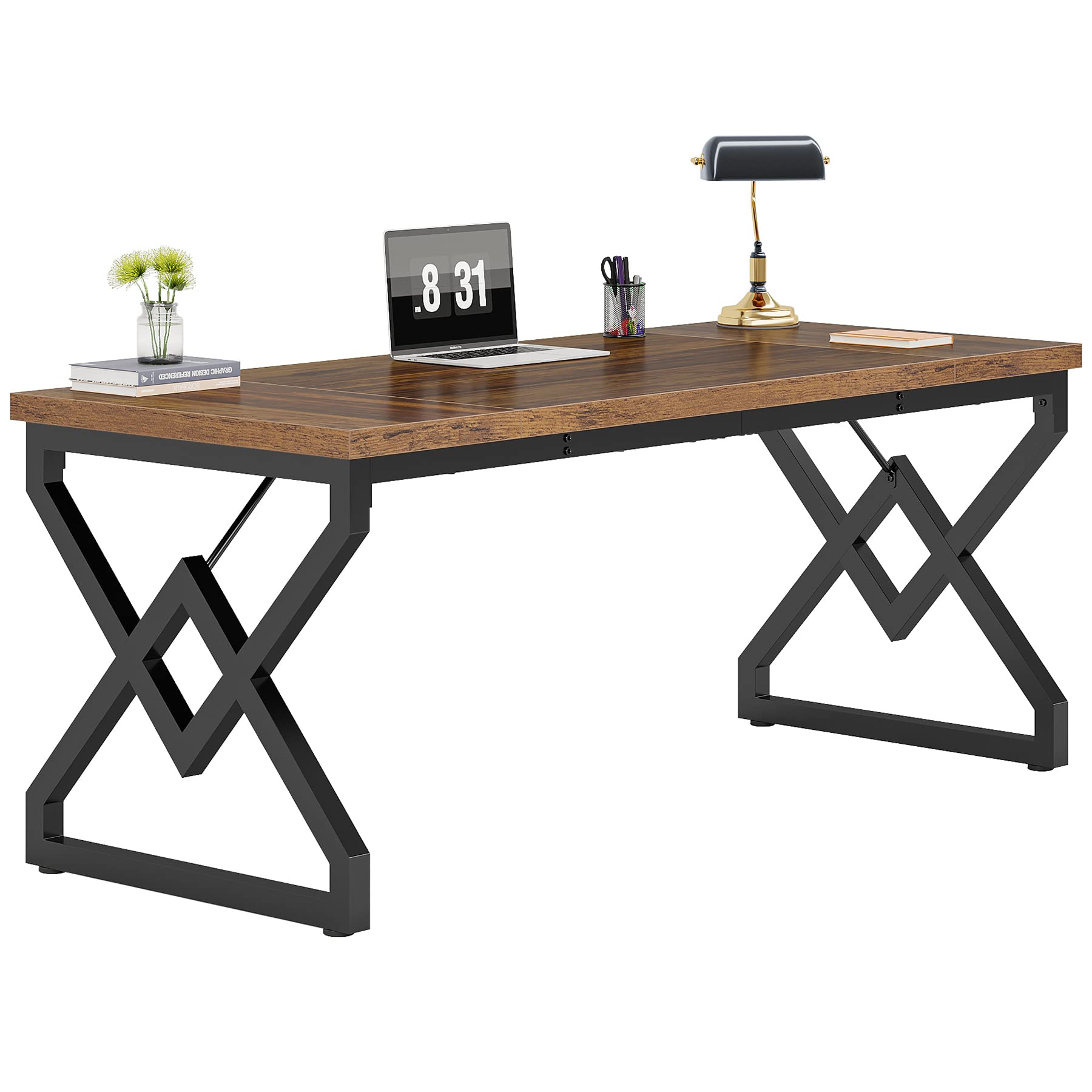 Tribesigns 63" Large Industrial Executive Desk with Extra Thickened Tabletop & Metal Frame, Heavy-Duty 300 lb Capacity Home Office Desk for Study Room, Dorm, Bedroom – Vintage Brown & Black - Image 8