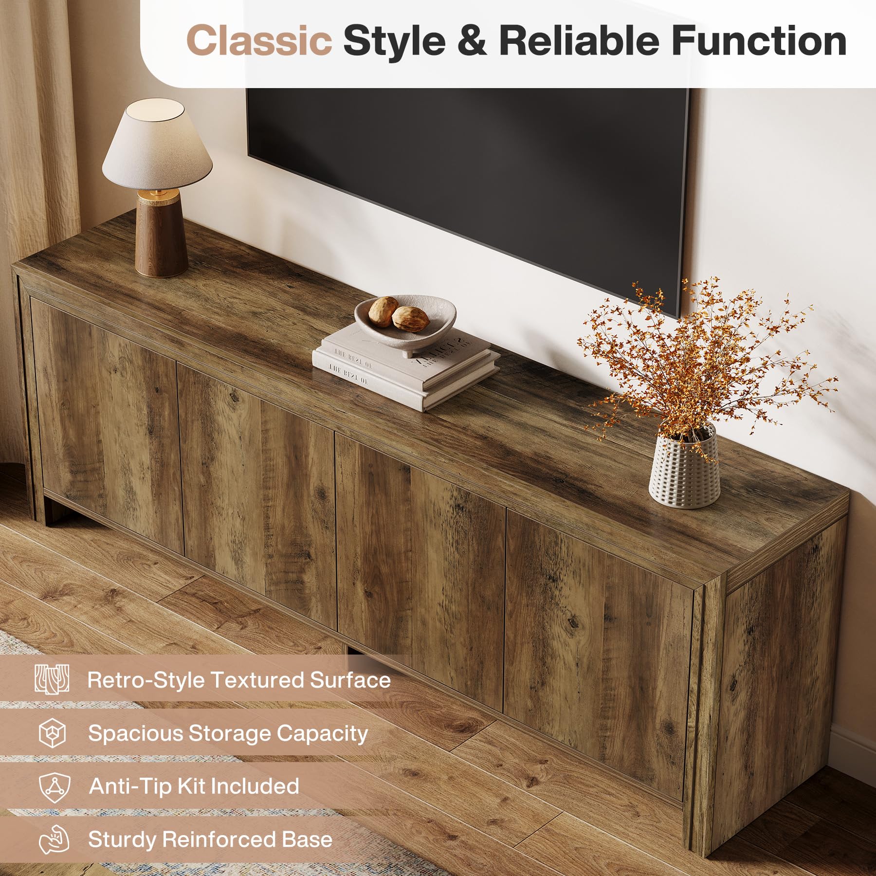 Tribesigns 63" TV Stand for TVs Up to 70", Mid-Century Entertainment Center, Modern TV Console with Storage for Living Room, Bedroom, Rustic Brown - Image 7