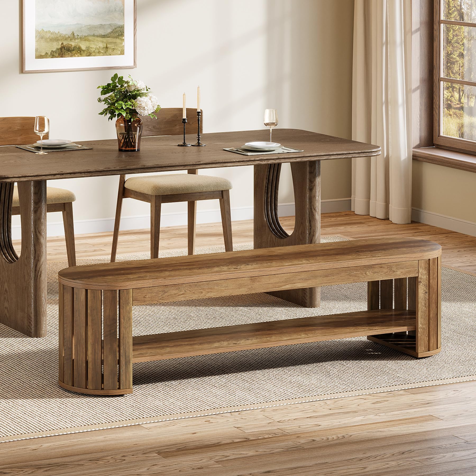 Tribesigns 63" Wooden Dining Bench, Farmhouse Entryway Bench with Arc Vertical Slat Splicing Legs, Kitchen Dining Seat for Dining Room, Living Room, Home Office, Easy Assembly (Brown) - Image 3