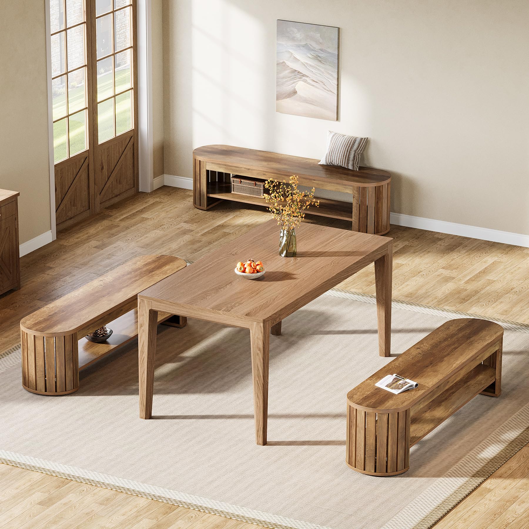 Tribesigns 63" Wooden Dining Bench, Farmhouse Entryway Bench with Arc Vertical Slat Splicing Legs, Kitchen Dining Seat for Dining Room, Living Room, Home Office, Easy Assembly (Brown) - Image 5