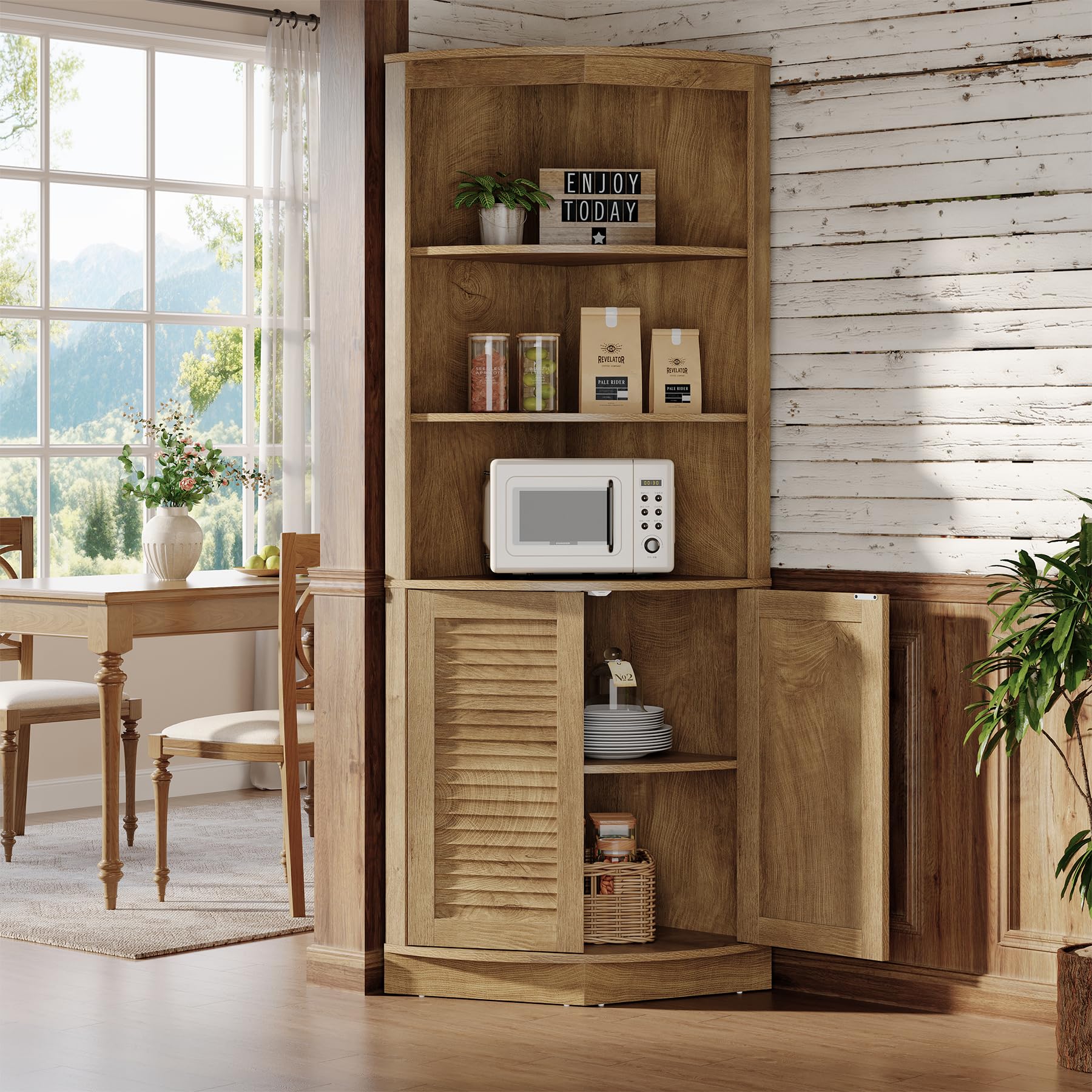 Tribesigns 66.9-Inch Tall Corner Cabinet, 5-Tier Storage Cabinet with Fluted Doors & Open Shelves, Farmhouse Corner Shelf Organizer, Freestanding Home Space Saver for Kitchen, Living Room, Brown - Image 3