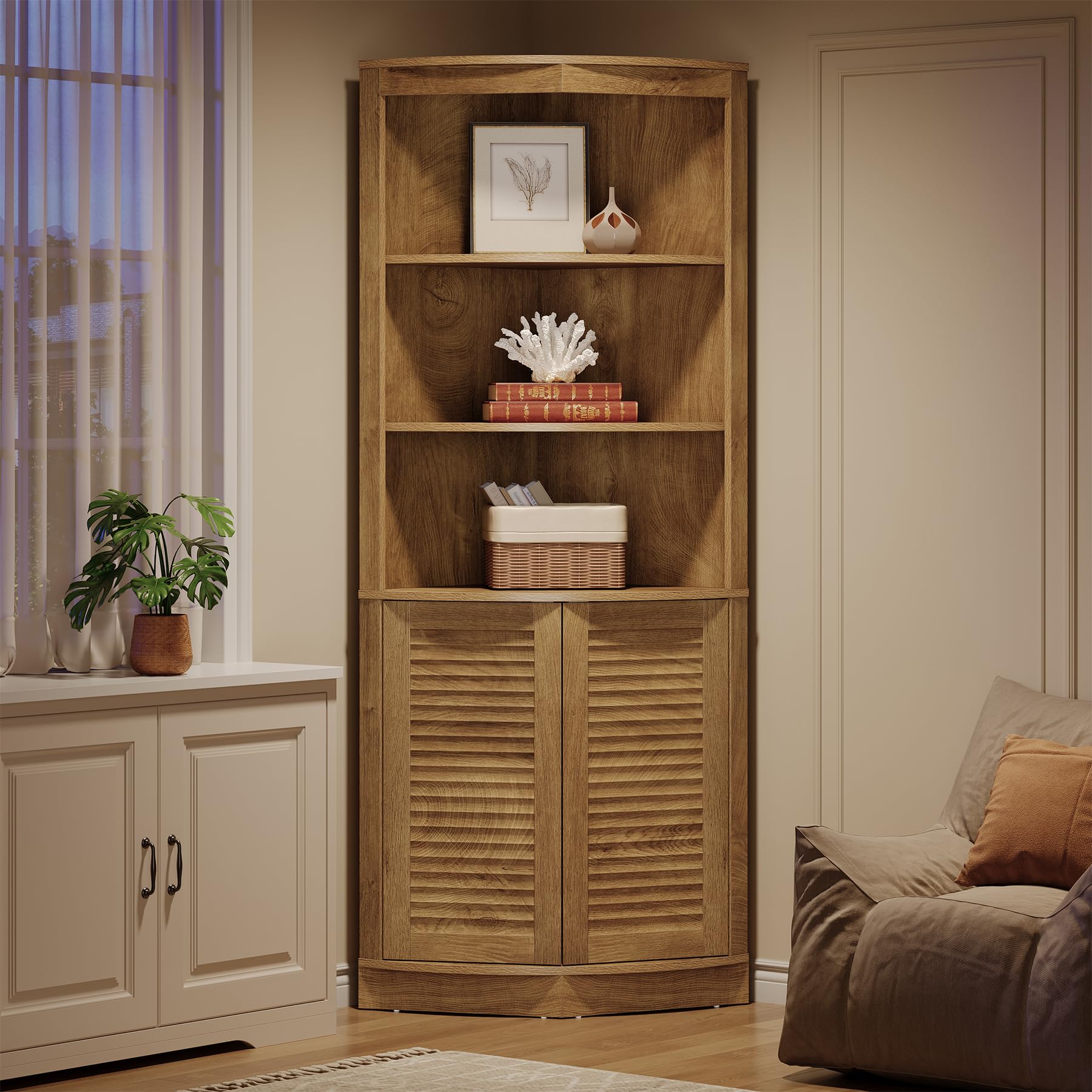 Tribesigns 66.9-Inch Tall Corner Cabinet, 5-Tier Storage Cabinet with Fluted Doors & Open Shelves, Farmhouse Corner Shelf Organizer, Freestanding Home Space Saver for Kitchen, Living Room, Brown - Image 4