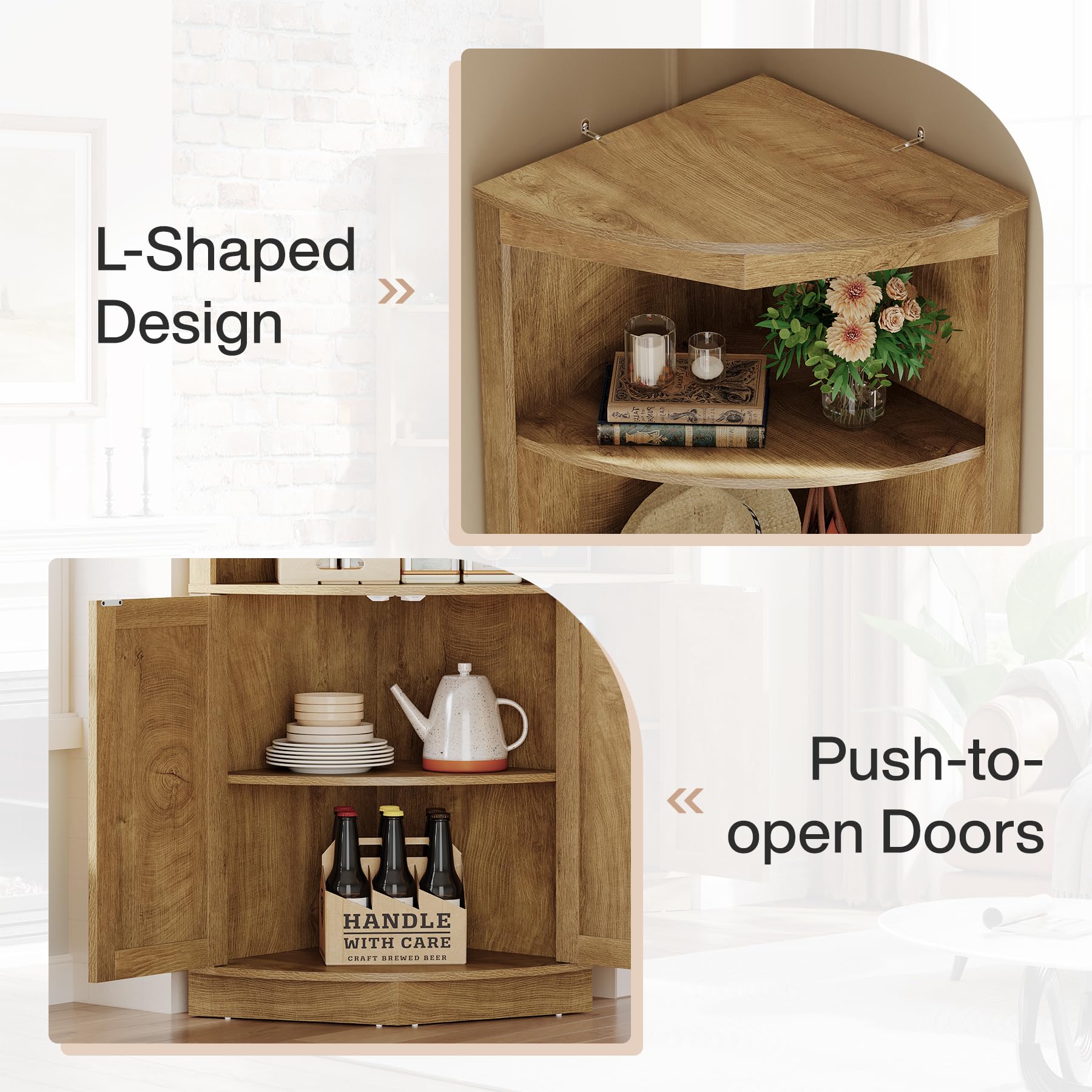 Tribesigns 66.9-Inch Tall Corner Cabinet, 5-Tier Storage Cabinet with Fluted Doors & Open Shelves, Farmhouse Corner Shelf Organizer, Freestanding Home Space Saver for Kitchen, Living Room, Brown - Image 6