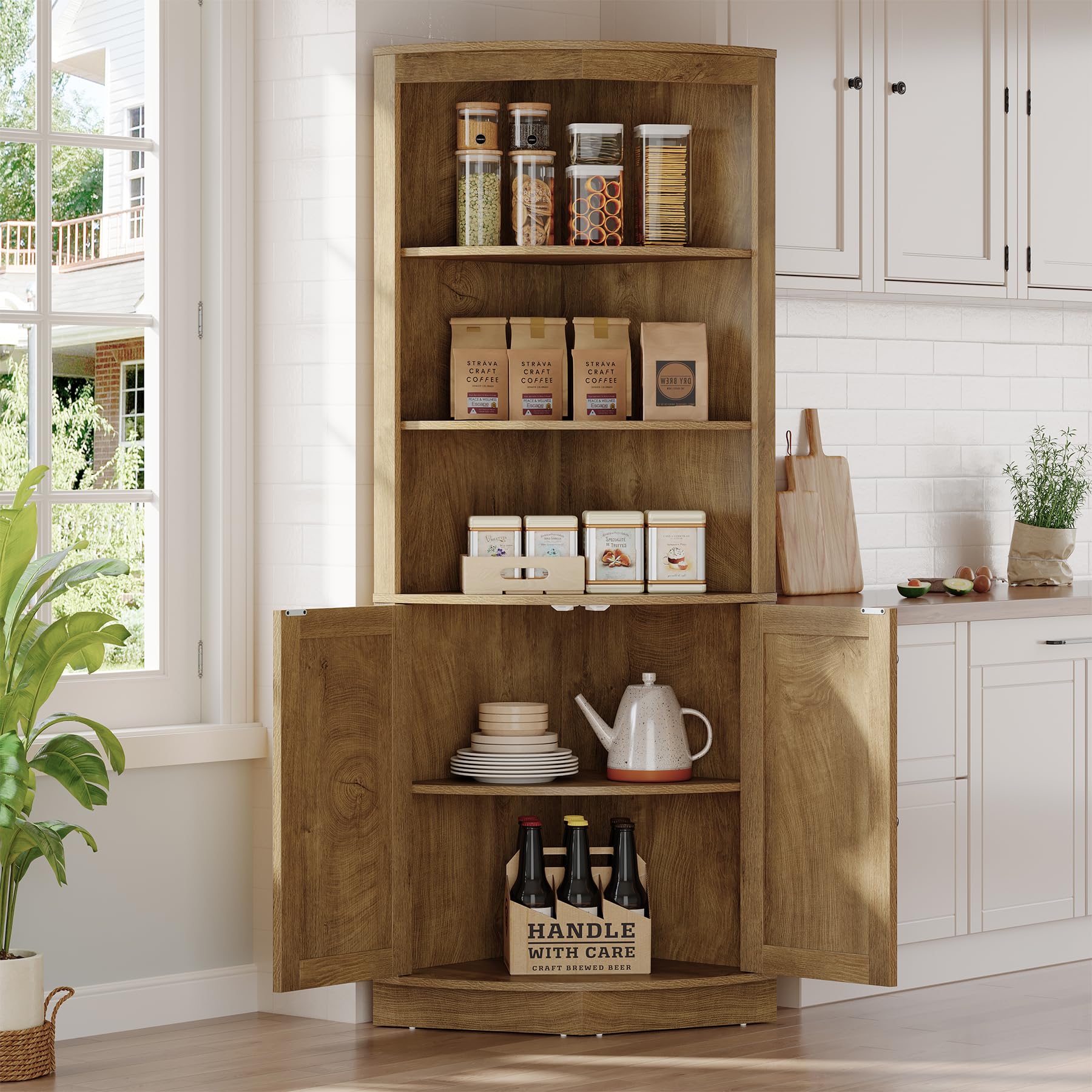 Tribesigns 66.9-Inch Tall Corner Cabinet, 5-Tier Storage Cabinet with Fluted Doors & Open Shelves, Farmhouse Corner Shelf Organizer, Freestanding Home Space Saver for Kitchen, Living Room, Brown - Image 8