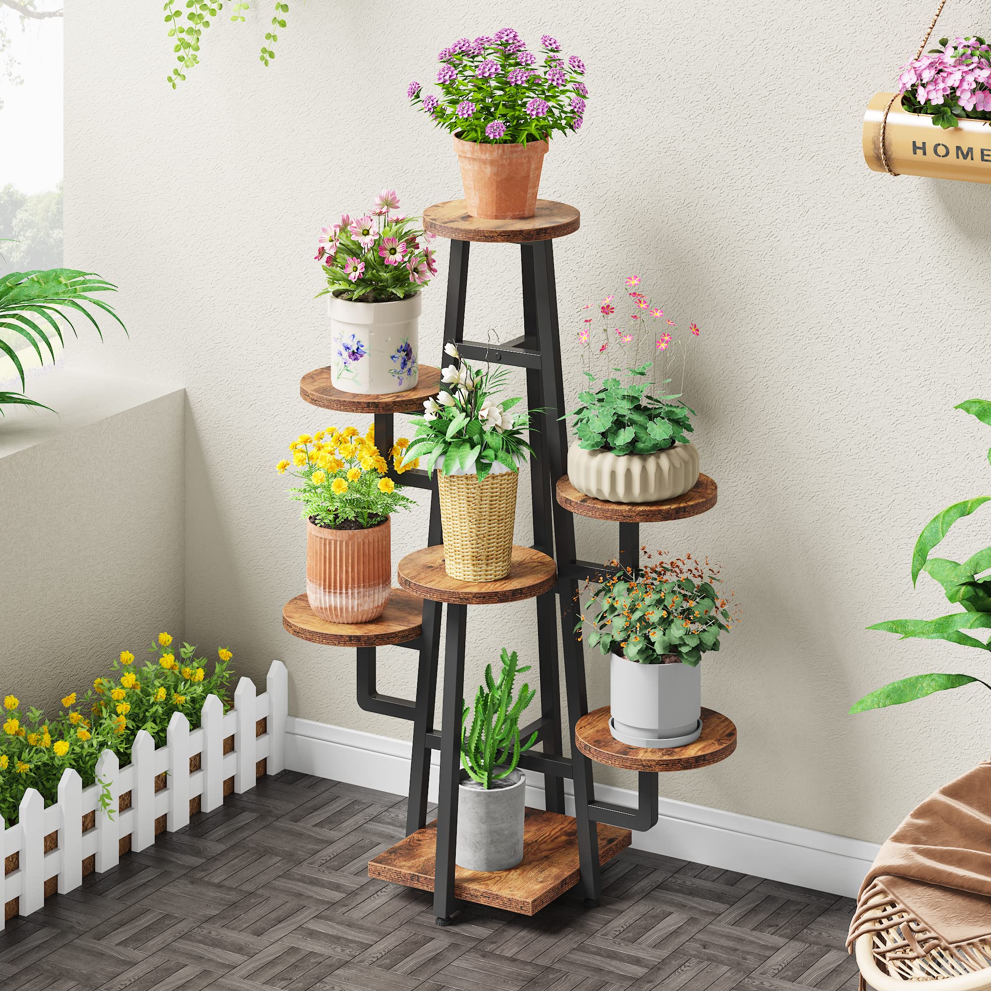 Tribesigns 7 Tier Plant Stand Indoor for Multiple Plants, Wooden Corner Plant Pots Holder Rack Flower Stand Tall Shelf Planter Organizer for Living Room Balcony Garden, Rustic Brown - Image 3