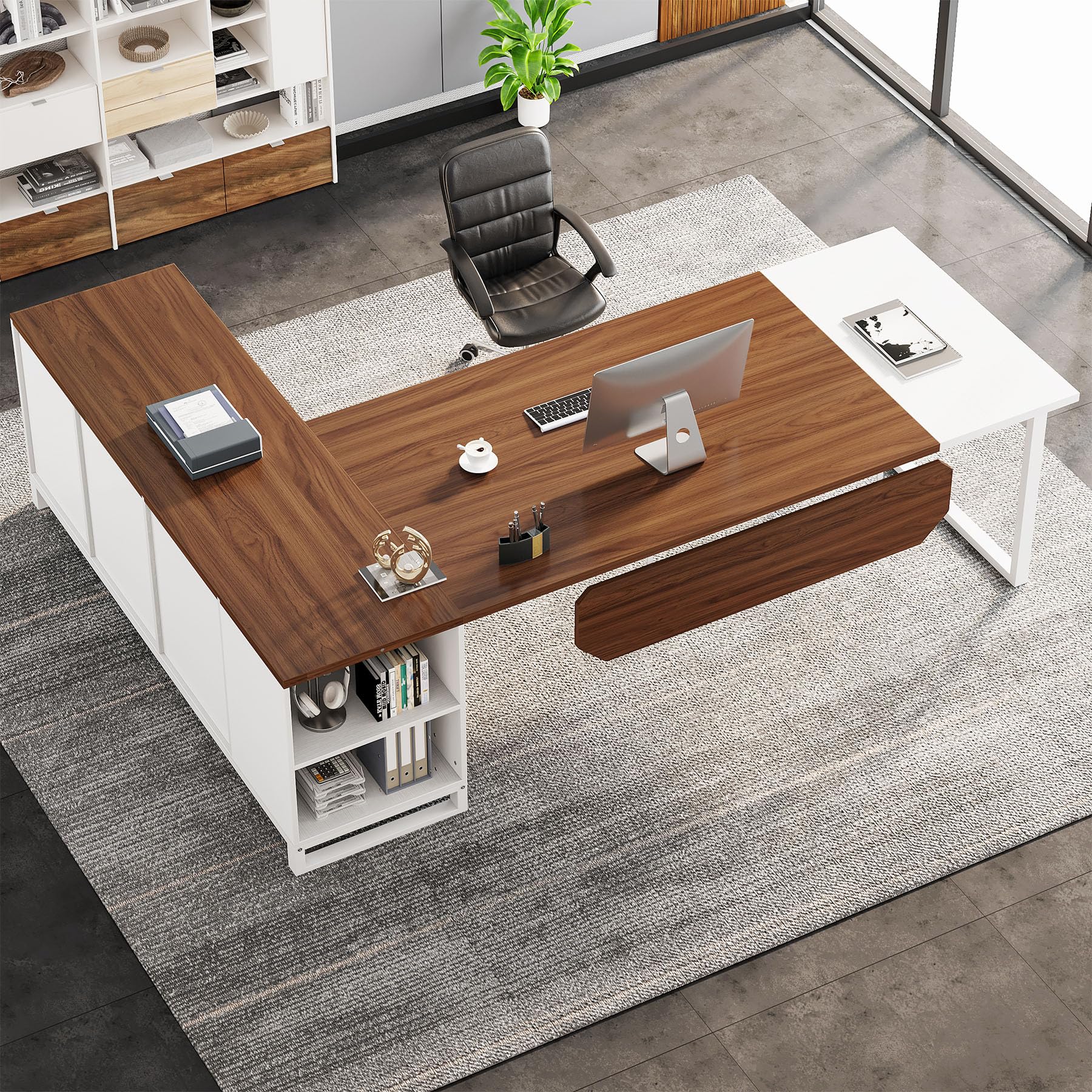 Tribesigns 70.8" L-Shaped Executive Desk with 55" File Cabinet, Large Home Office Computer Desk with Storage Shelves and Cabinet, Modern Business Furniture Set Home Office, Walnut White - Image 4