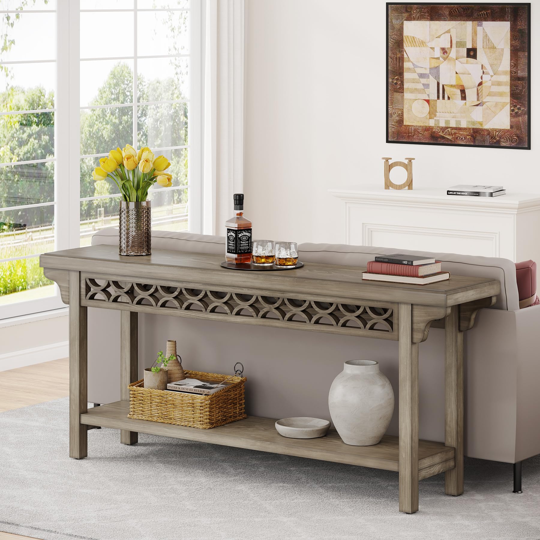 Tribesigns 70.8-Inch Solid Wood Long Console Table, Farmhouse Entryway Table with Storage, Narrow Sofa Table Grey Couch Table for Living Room Entryway Hallway (Gray) - Image 4