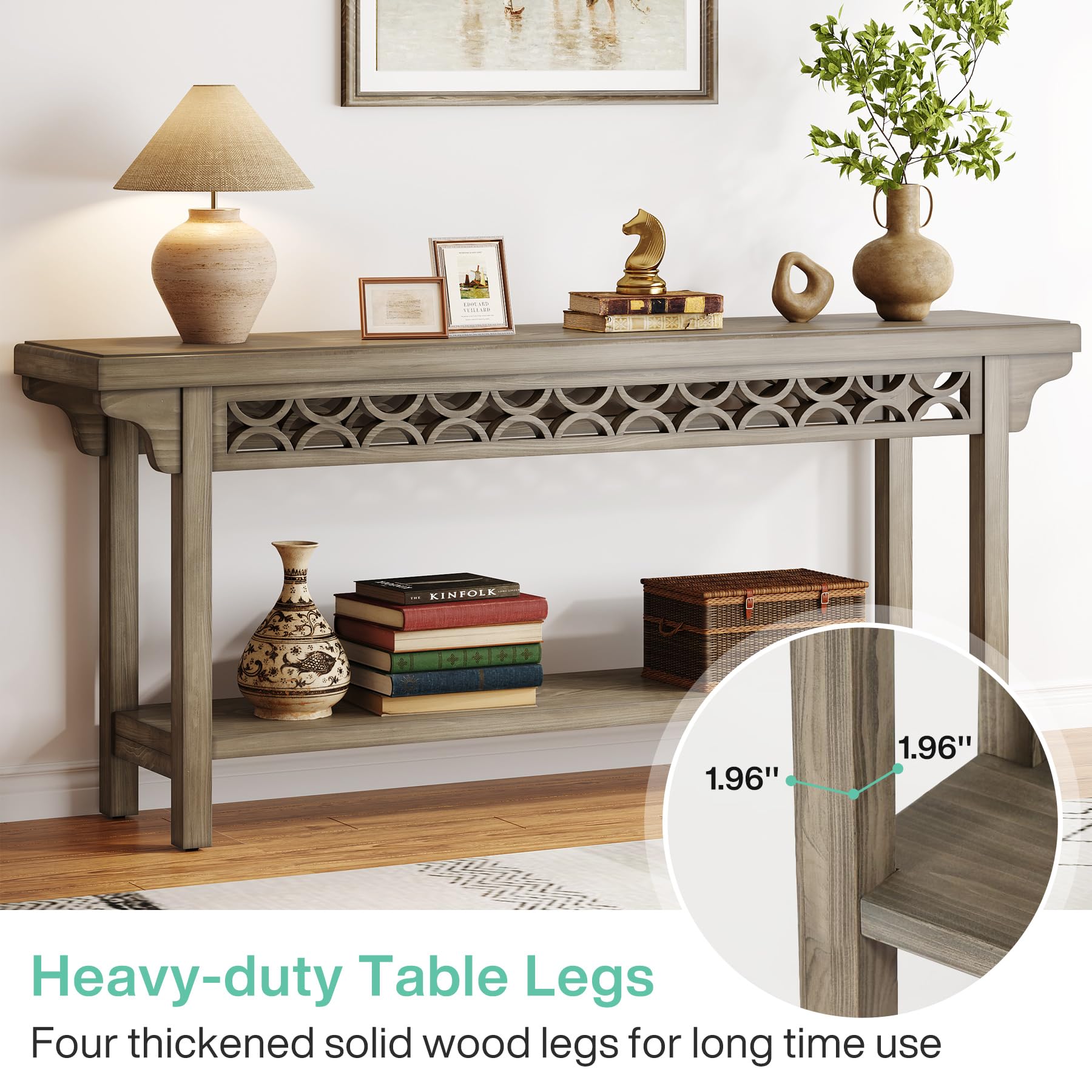 Tribesigns 70.8-Inch Solid Wood Long Console Table, Farmhouse Entryway Table with Storage, Narrow Sofa Table Grey Couch Table for Living Room Entryway Hallway (Gray) - Image 7