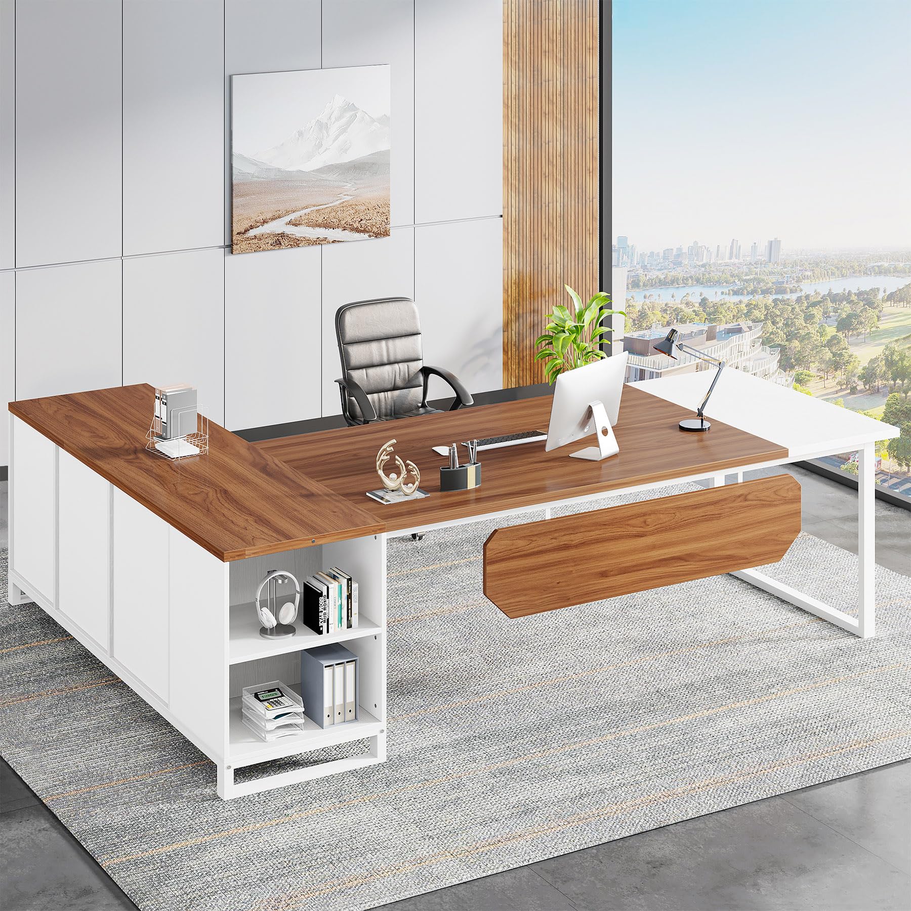 Tribesigns 70.8" L-Shaped Executive Desk with 55" File Cabinet, Large Home Office Computer Desk with Storage Shelves and Cabinet, Modern Business Furniture Set Home Office, Walnut White - Image 3