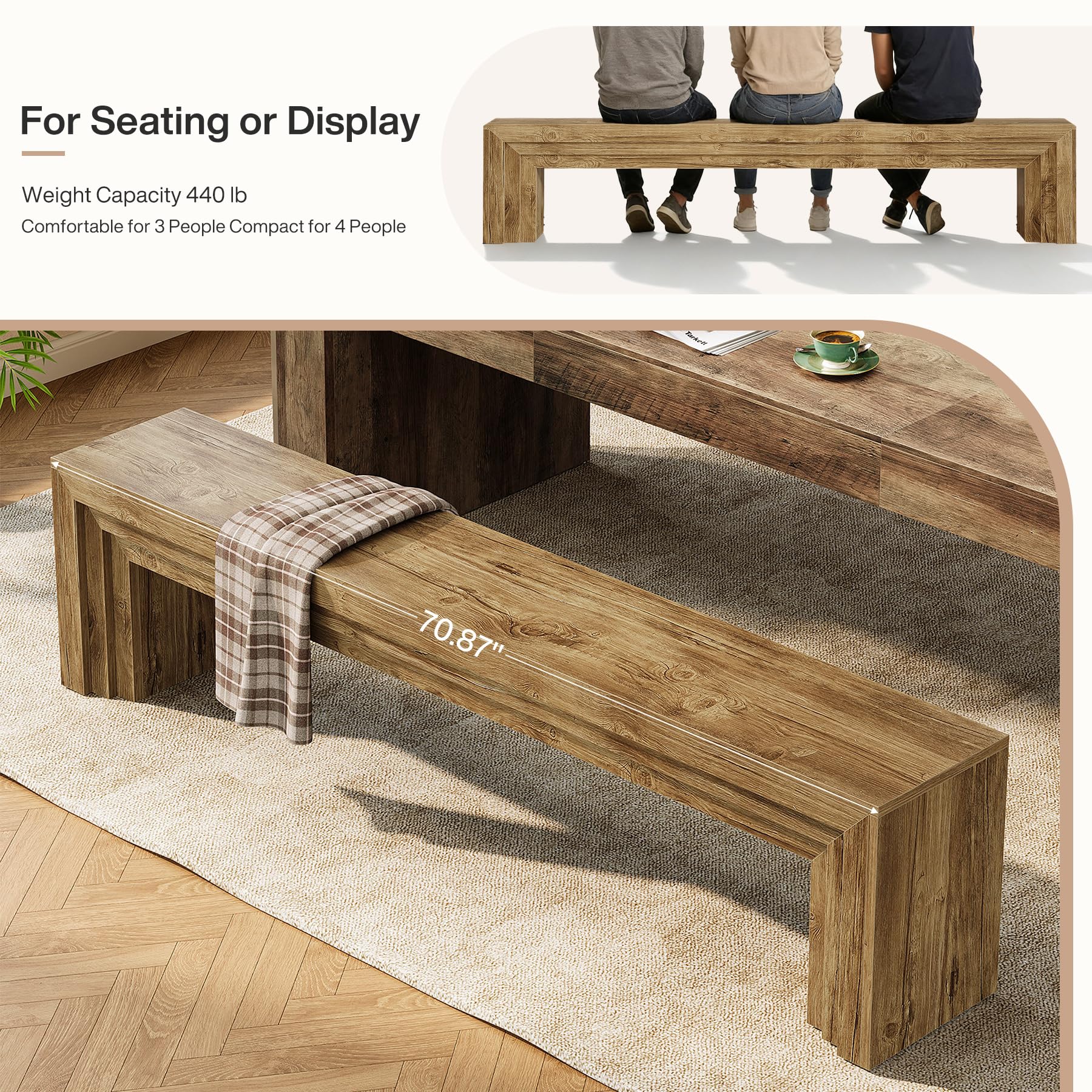 Tribesigns 70.9-Inch Extra Long Dining Bench, Farmhouse Wooden Kitchen Bench Seating for Table, Dining Room, Entryway, Living Room, Bedroom, Brown - Image 9