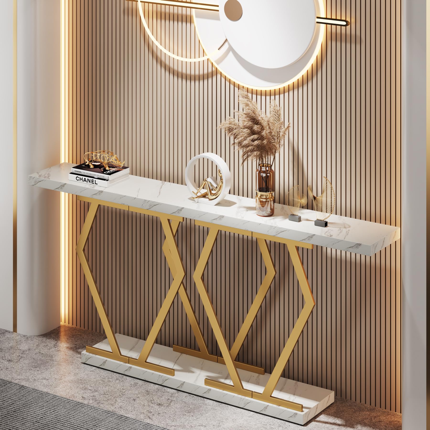 Tribesigns 70.9 Inch Extra Long Sofa Table， White and Gold Console Table with Faux Marble Tabletop, Modern Long Entryway Table with Gold Frame - Image 6