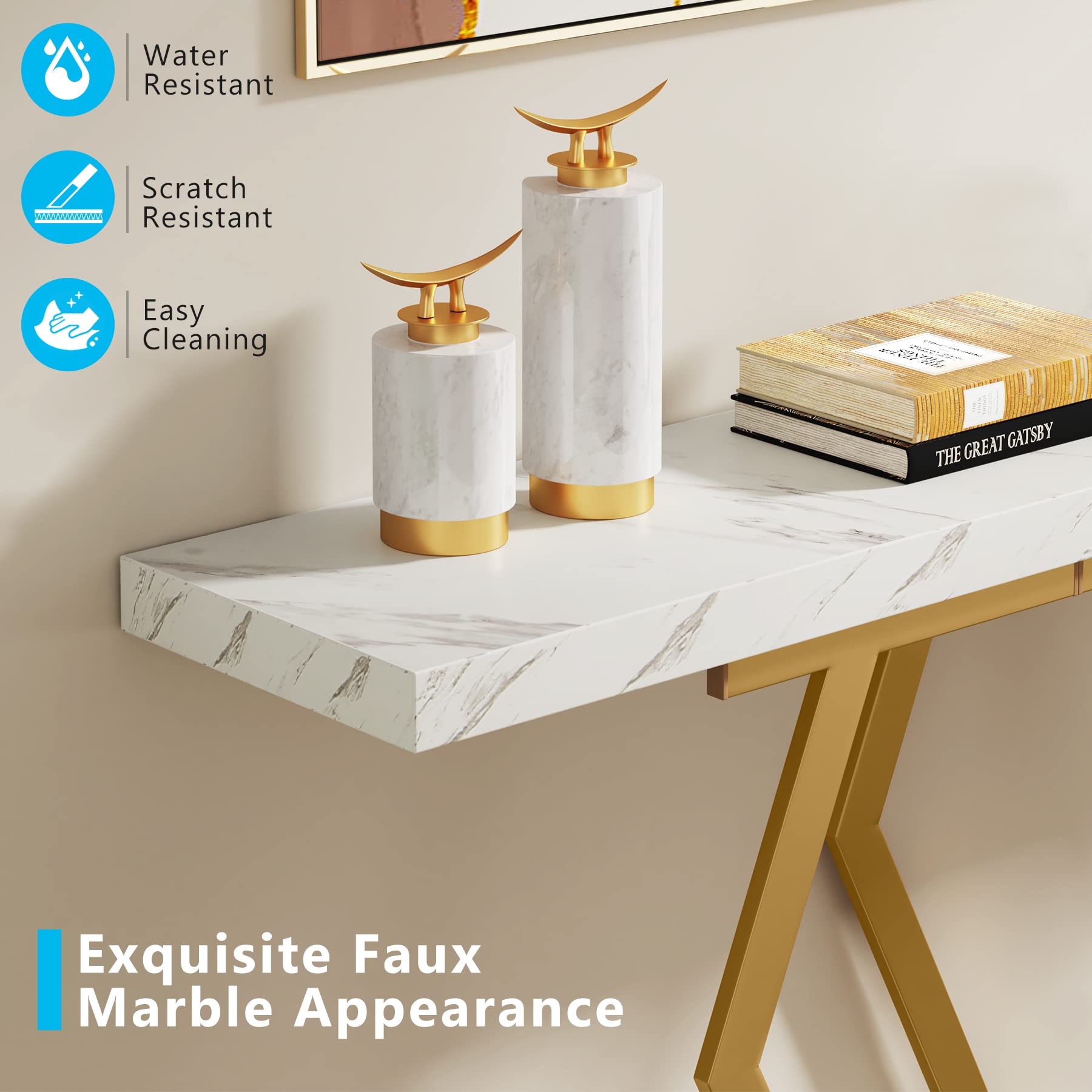 Tribesigns 70.9 Inch Extra Long Sofa Table， White and Gold Console Table with Faux Marble Tabletop, Modern Long Entryway Table with Gold Frame - Image 7